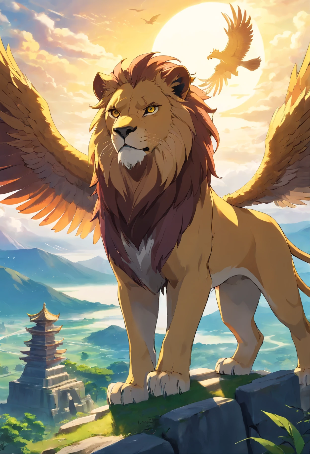 lion griffin, mythical creature, majestic, powerful wings, lion body, eagle head, fierce gaze, sharp claws, feathers, golden beak, large size, flying, mountains, cloudy sky, ancient ruins, fantasy realm, mythical landscape, epic, magical, mythical creature, mythical beast, fierce, mythical monster
