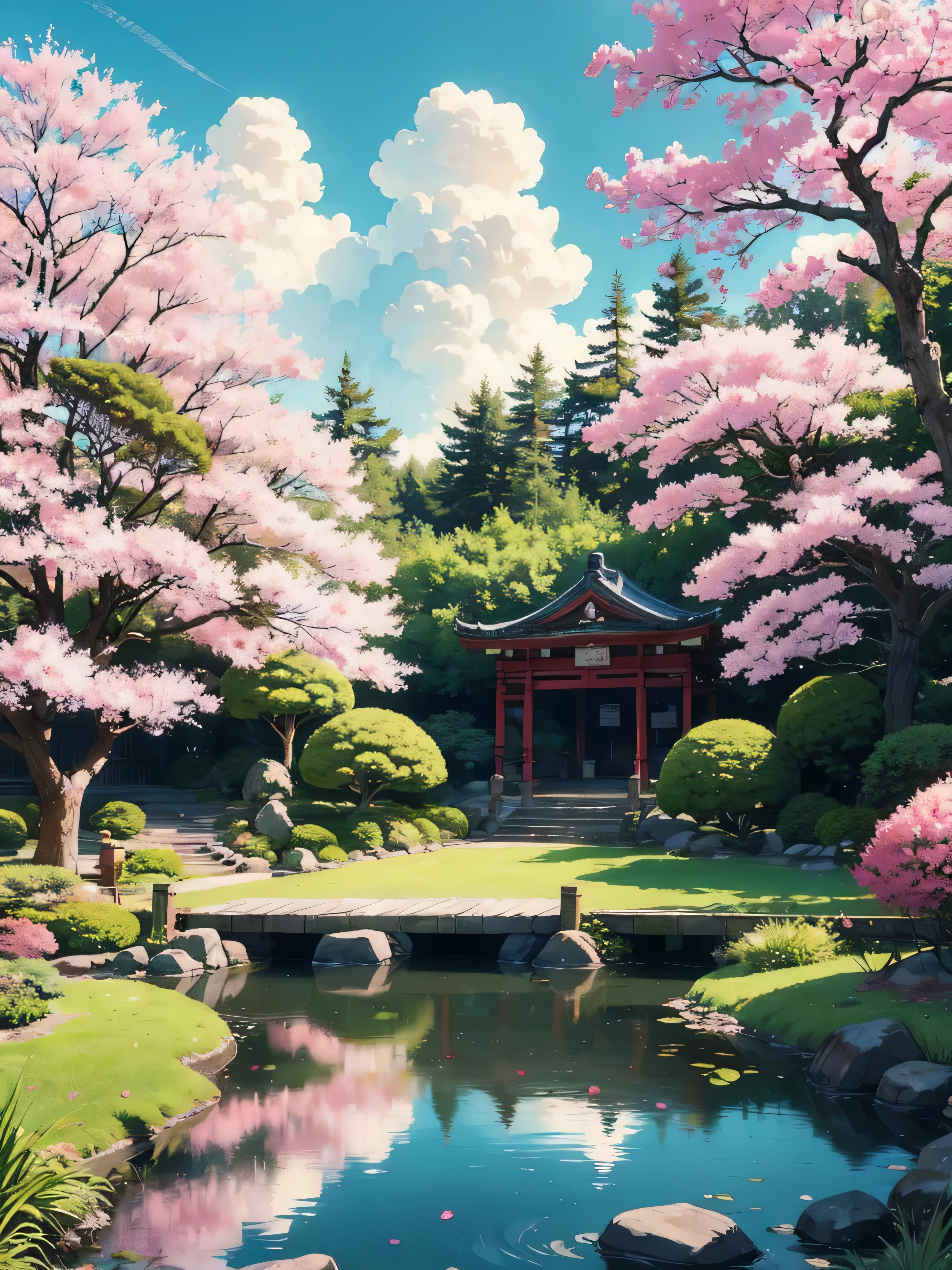 In a serene Japanese garden nestled within the heart of Kyoto, a tranquil stream winds its way through meticulously manicured bonsai trees and vibrant cherry blossom trees. A graceful arched bridge spans the stream, its reflection shimmering in the clear water below. Fluffy clouds drift lazily across the azure sky, while the gentle rays of the sun filter through the branches, casting dappled shadows on the moss-covered ground. Delicate petals from the cherry blossoms dance on the breeze, creating a scene of timeless beauty and tranquility.