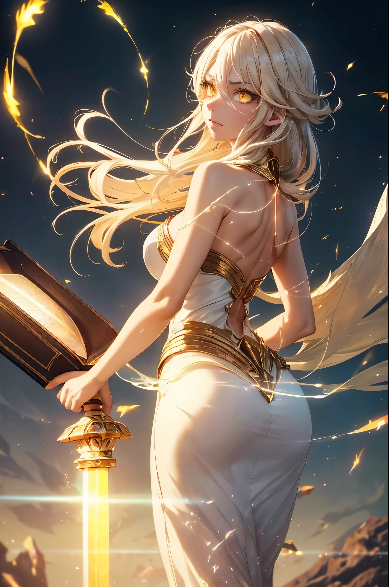 a goddess of wisdom, mature look, Toning the body, white skin, fine face, (Glowing clothing masterpiece:1.4), pure white fabric strapless tube top dress, luminous golden belt, luminous Golden arm Armor, golden leg armor, high detail armor, (a glowing sword-shaped figure appears on the back:1.5), (One hand holds a glowing book:1.6), (((glowing beige white hair streaked luminous yellow hair))), (single sidelock short wavy hair), (hair strand), shiny hair, (((colorful eyelashes and eyebrows))), (glowing yellow gradient amber eyes:1.2), (an upright golden eye on the forehead:1.4), some clouds swirling float behind shoulders, (((some floating luminous characters surround))), Detailed background, Detailed book, god rays, ray tracing, reflection light, sparkle, motion blur, perfect layer cut, perfect layer transition, (/full body/side view/back view), (Facing the camera:1.2), glowing light, UHD, perfect CG, CG unity, anime, masterpiece, super detail, best quality, retina, ccurate, Octane Render