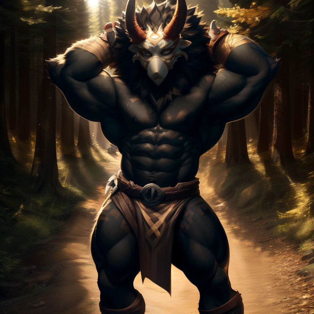 mitachurl, solo, male, mask, (pose:1.3), (posing:1.3), (soft shading), 4k, hi res, ((detailed face, detailed eyes, detailed)), (full body), by Canyne Khai, forest background, 1boy, standing, male focus, muscular male, abs, loincloth, close-up, sexy, one hand behind head