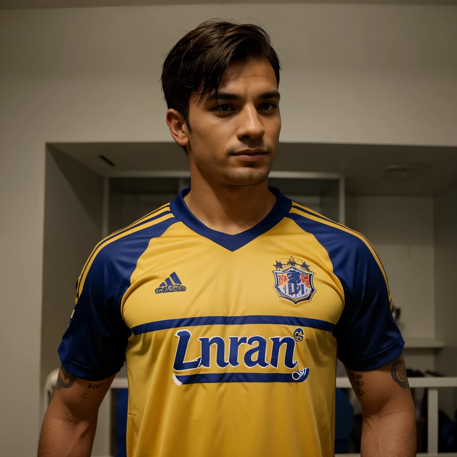Uma camisa de futebol branca com dourada com um tigre de mascote