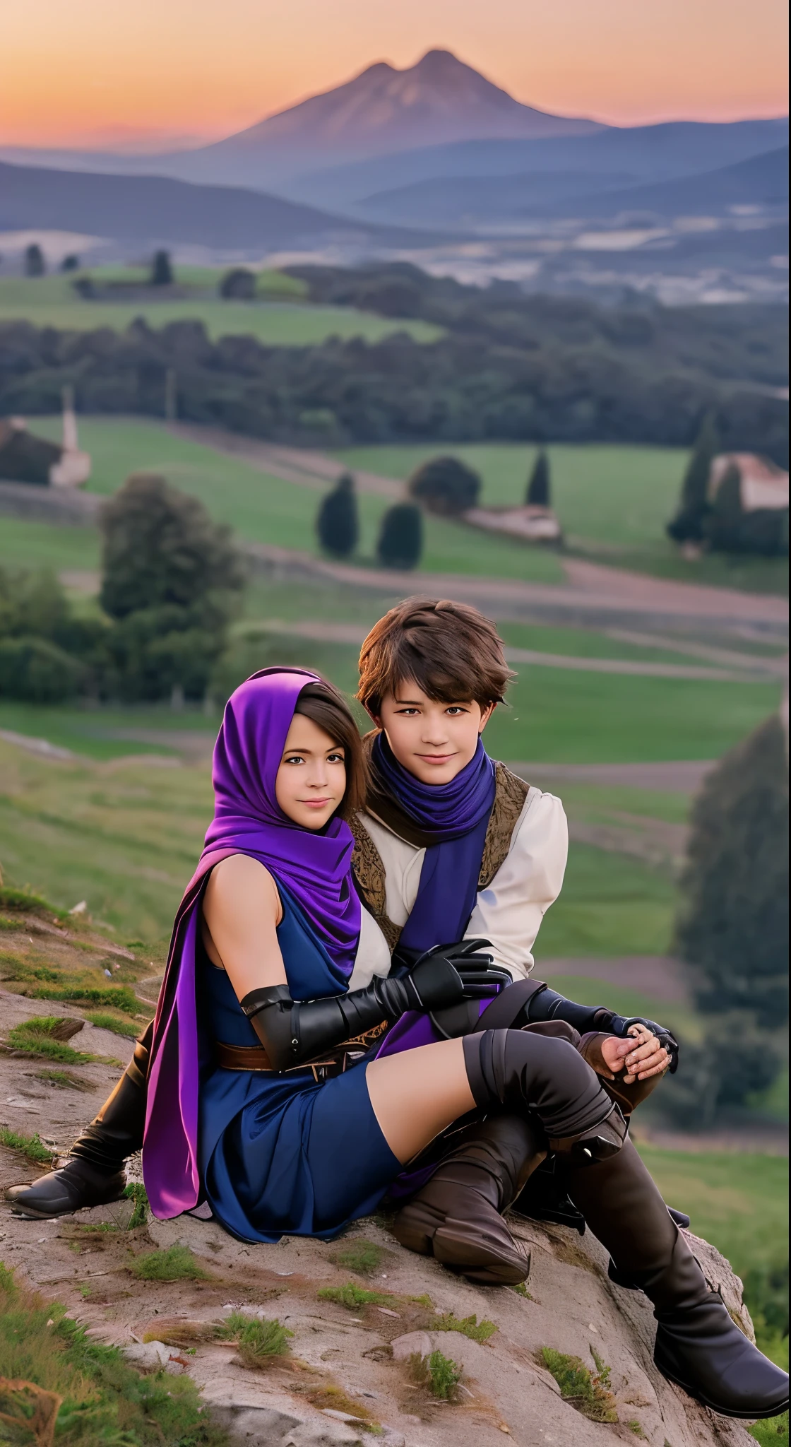 One girl, One boy, (highest quality, beruka, Gauntlet), armor, Purple scarf, Black gloves, pants, boots, Wear a bandana on your head, Sitting, in front, wood, Mountain, Beautiful landscape in the background, Soft sunset, A subtle reflection on the ground.