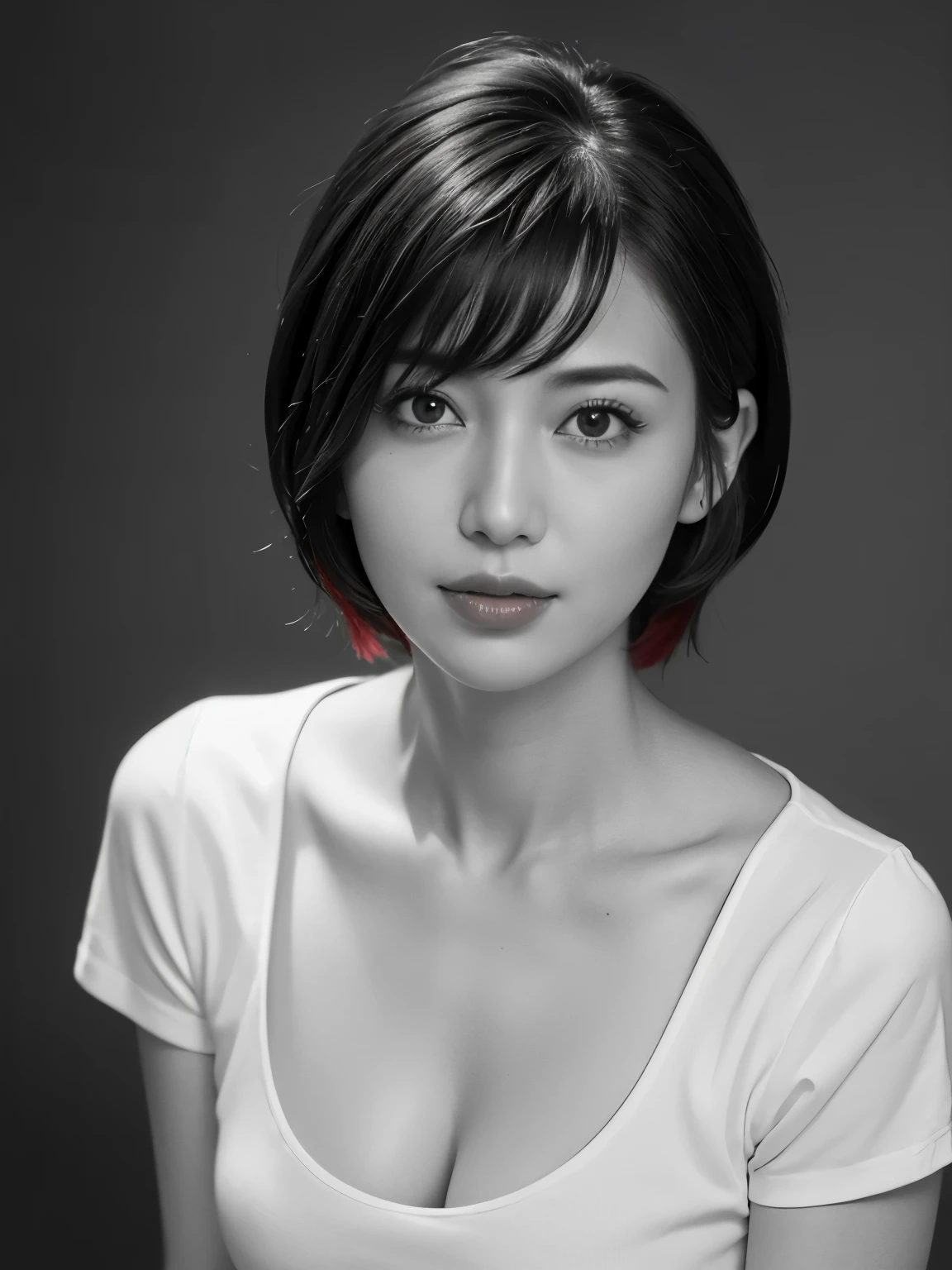 highest quality, Realistic, Very detailed, High resolution, 8k wallpaper, RAW Photos, Professional photography, Photorealistic, 1 girl, (((Black and white photography))), (((Only lips red))), Upper Body, short hair, Bob Hair, Straight Hair, Shapely small breasts, Perfect Face, ((Looking at the camera)), (From below)