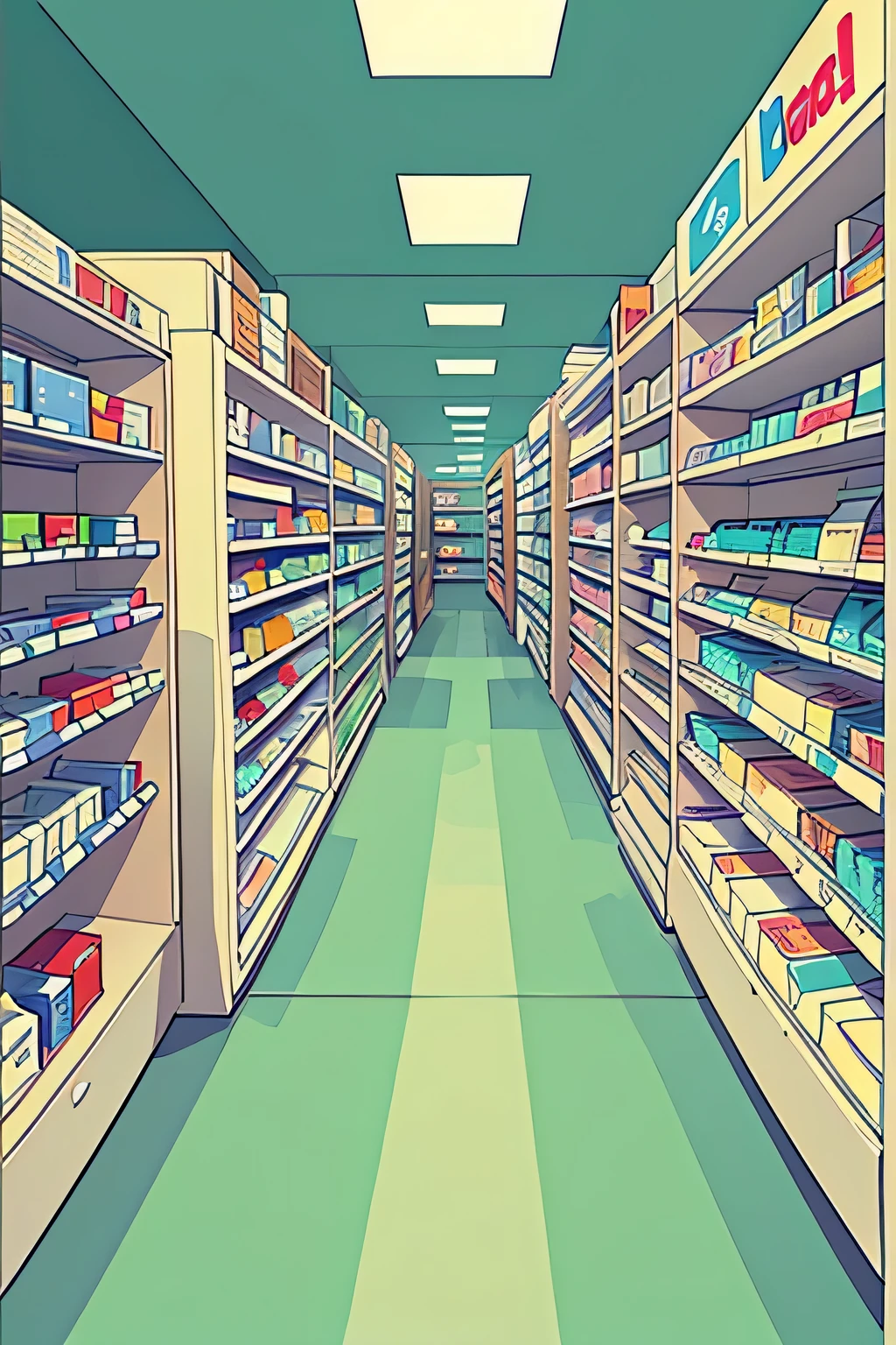 different views of aisles of a pharmacy, no people, comic style