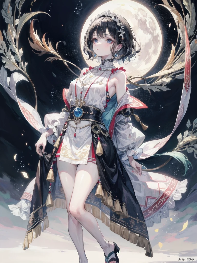 tribal poncho, absurdres, RAW photo, extremely delicate and beautiful, masterpiece, Best Quality, ultra high resolution, 32k, hyperrealistic, ultra-detailed, detailed description, pale skin, 20 years old, tearful mole, earring, round , short medium hair, wavy hair, full body shot,
