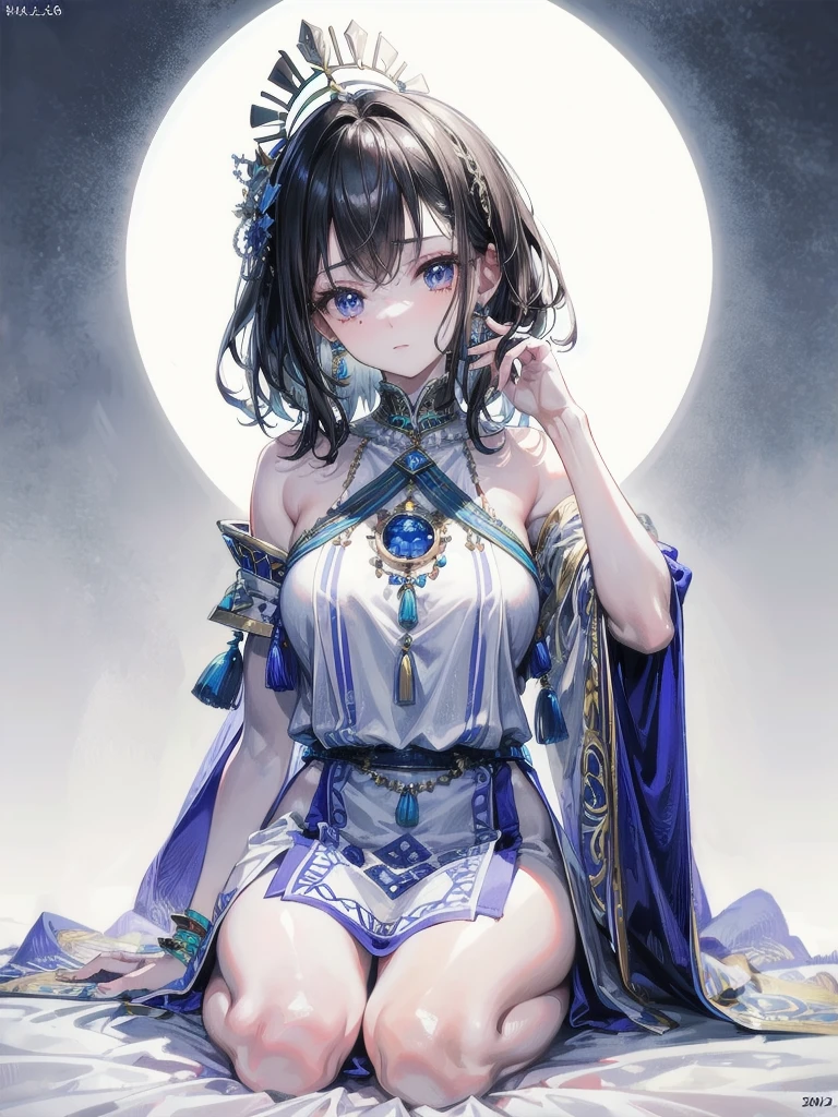 tribal poncho, absurdres, RAW photo, extremely delicate and beautiful, masterpiece, Best Quality, ultra high resolution, 32k, hyperrealistic, ultra-detailed, detailed description, pale skin, 20 years old, tearful mole, earring, round breasts, short medium hair, wavy hair, full body shot,