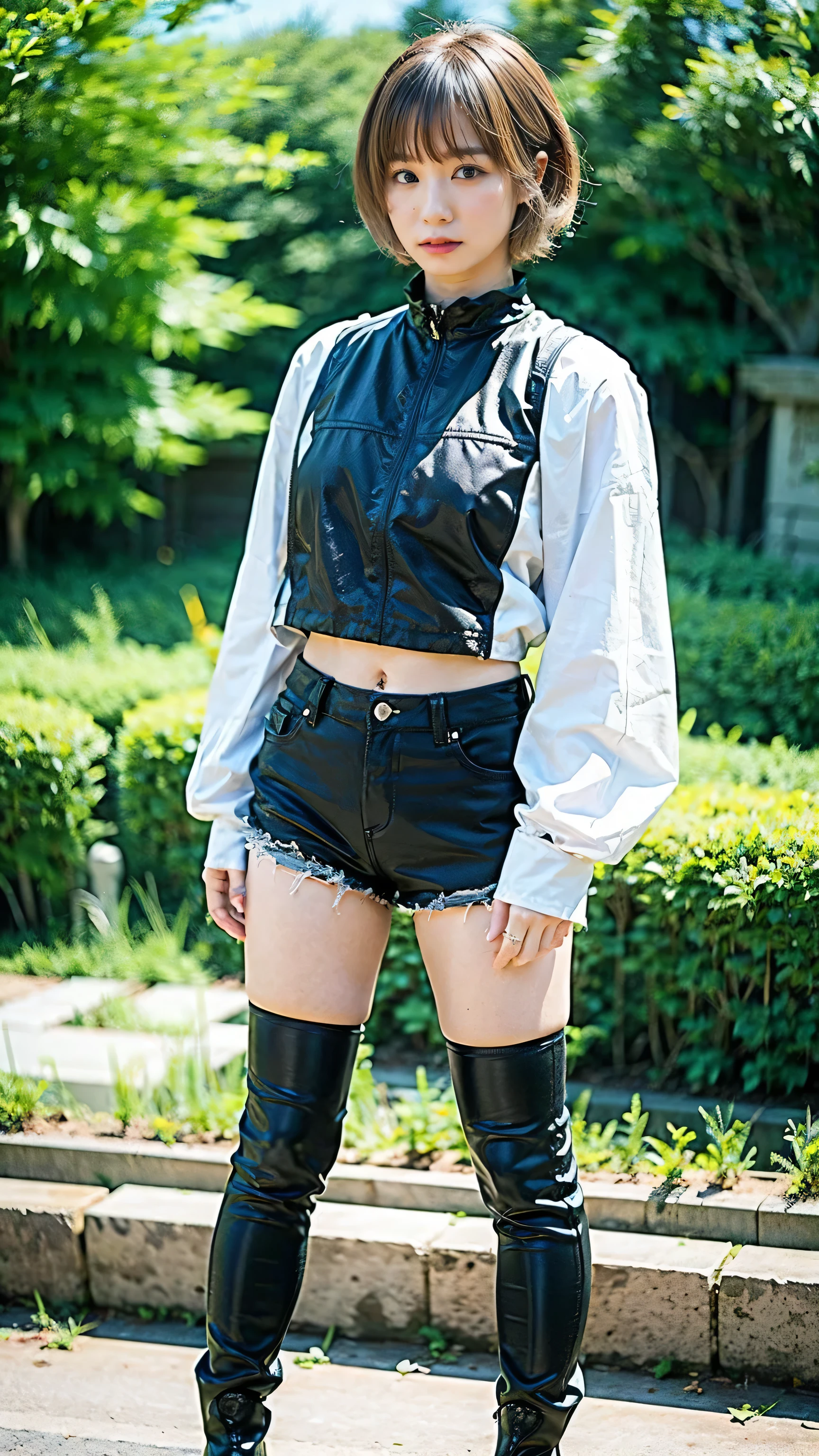 (8k、RAW Photos、highest quality、masterpiece:1.2)、(Realistic、Realistic)、1 girl、((Black shorts、Large Breasts、short hair、 body、View from the front、garden、boots、Standing))、Lots of eyelashes、Glowing eyelids、skeletally correct