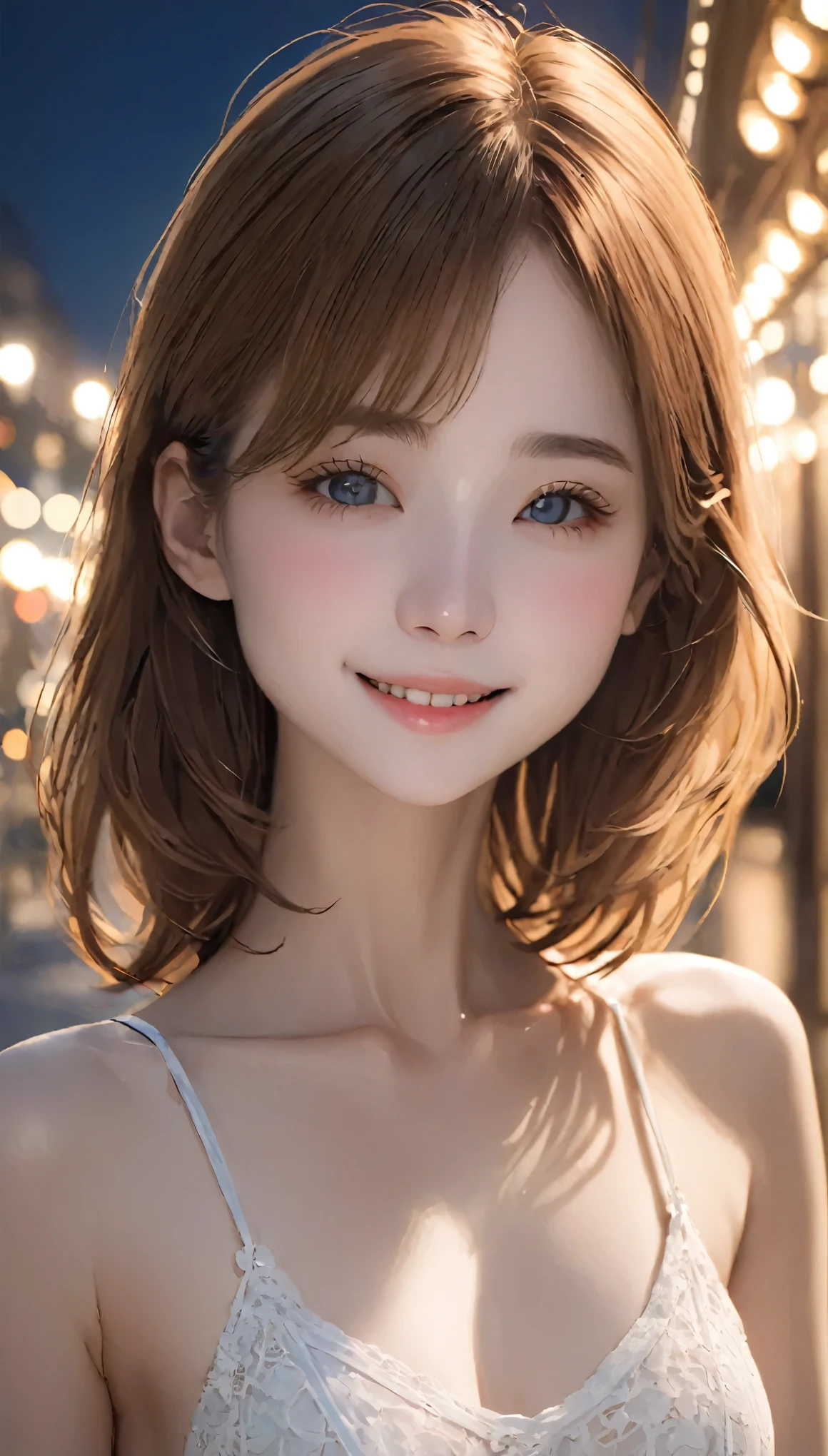 One Girl, (White Nipples:1.8),((Face close-up:1.4))、((A little darker makeup:1.3))、 (RAW Photos, highest quality), (Realistic, Realistic:1.4), Tabletop, Very delicate and beautiful, Very detailed, 2k wallpaper, wonderful, In detail, Very detailedな CG Unity 8K 壁紙, Very detailedな, High resolution, Soft Light, Beautiful detailed girl, Very detailedな目と顔, Beautiful and detailed nose, Beautiful details, Cinema Lighting, City lights at night, Perfect Anatomy, Slender body, smile