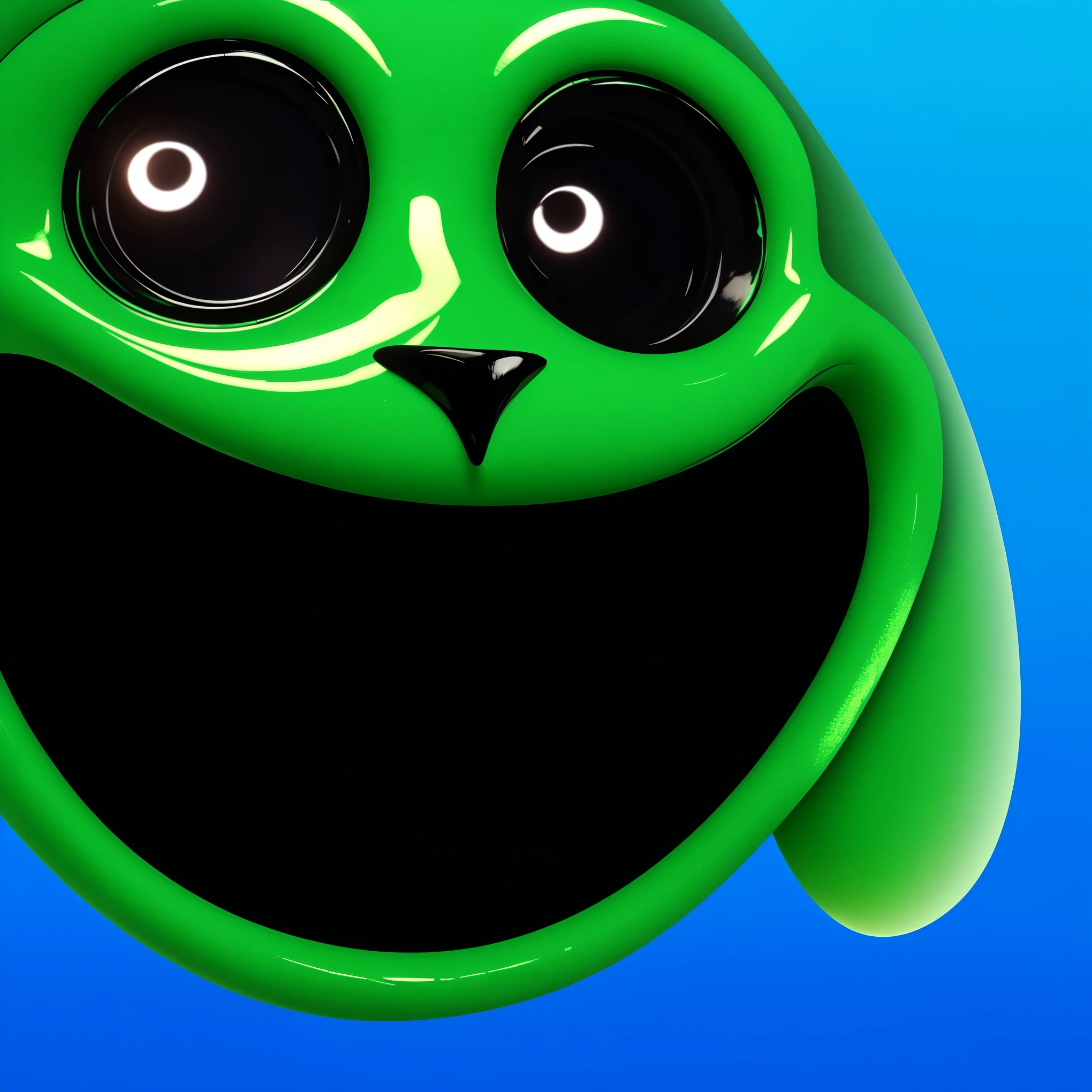 The image depicts a smiling green creature with large eyes and a wide, black mouth. The creature has a big, curved mouth and is shown from the nose to the waist. The background is blue with a white border. cartoon key frame rendering, cute 3D rendering, Shiny metallic,Create ultra sharp  цветной рендеринг zbrush. perfect cgi, cgi art created only with gradients, smooth silhouette, Create ultra sharp skin, high intensity refraction, (plastic material), most beautiful vfx, blue background, plastic refractions, glossy texture, smooth 3d model, multiple light sources, rim light, sharp post effects render, (glossy plastic texture with multiple big light probe refractions), perfect cgi, cgi art created only with gradients, smooth silhouette, high intensity refraction, (plastic material), most beautiful vfx, blue background, plastic refractions Create ultra sharp