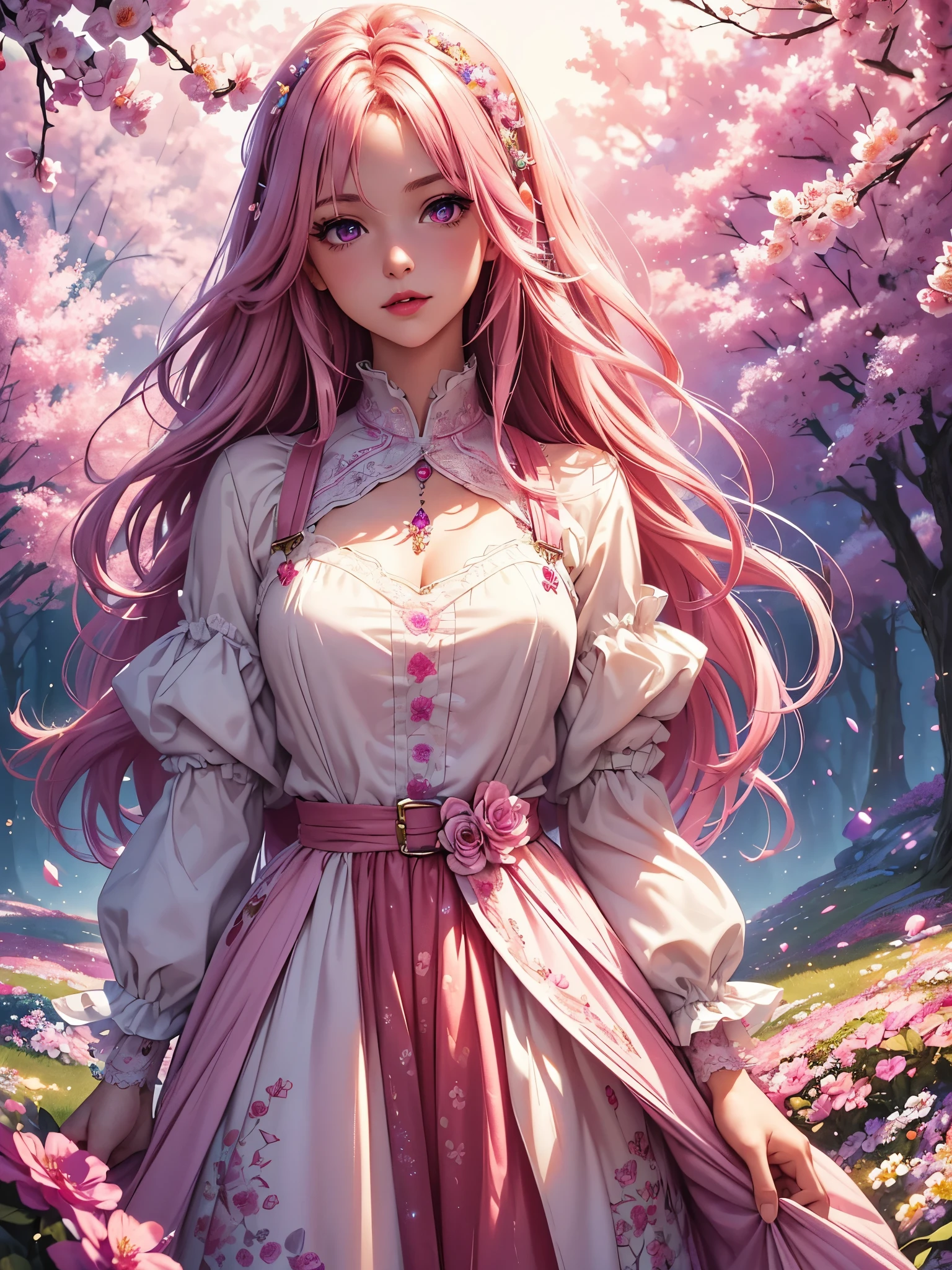 (best quality at best, 8K, a high resolution, masterpiece:1.2), digital artwork, one girl, detailed face, detailed eyes, pink hair, long straight hair, glowing purple eyes, red lips, suspenders, fantasy landscape, vibrant colors, soft lighting, whimsical atmosphere, blooming flowers, flowing dress, delicate details, ethereal background, dreamy aura