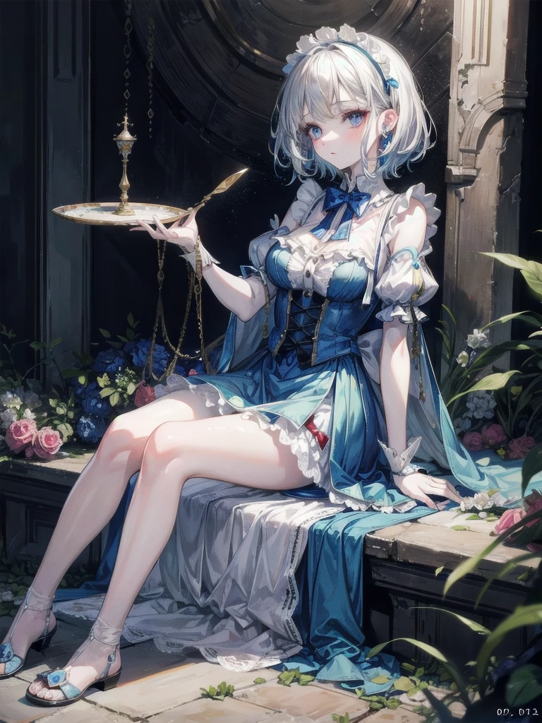 Alice in Wonderland, absurdres, RAW photo, extremely delicate and beautiful, masterpiece, Best Quality, ultra high resolution, 32k, hyperrealistic, ultra-detailed, detailed description, pale skin, 20 years old, tearful mole, earring, Colossal tits, short medium hair, wavy hair, full body shot,
