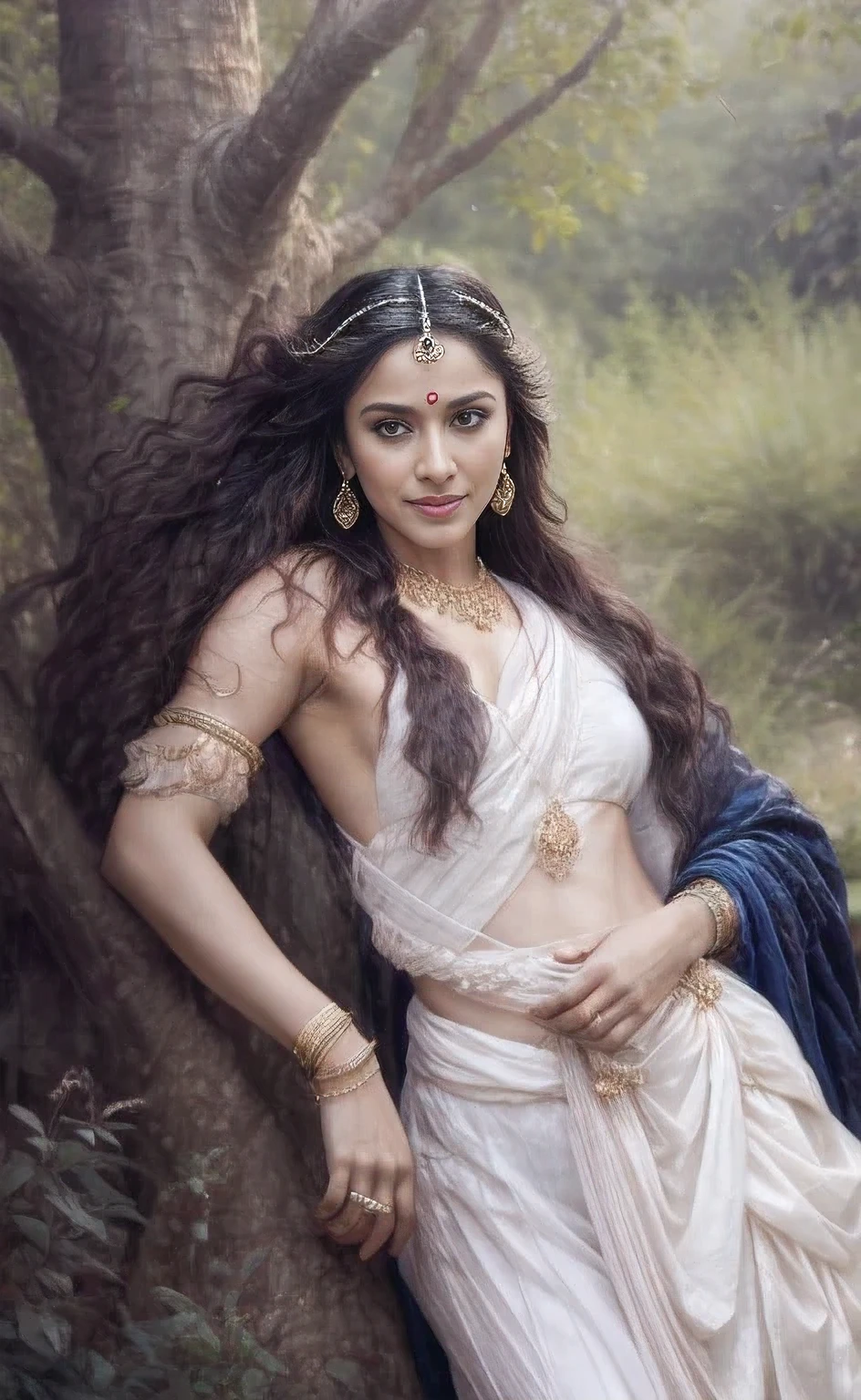 ultra realistic full body portrait of Chitrangada Singh, Chitrangada Singh as Godess of Love in Raja Ravi Varma style, plume, pomegranate fruits, with ancient Indian landscape in the background, wearing white loincloth, ((detailed long straight wavy hair)), thick, intricate, ((detailed face and eyes)), perfectly lit, perfect studio lighting, highly detailed, portrait photography, neoclassical Hyper realistic portrait style photo, Dramatic portrait, ((perfectly drawn fingers)), perfectly drawn arm, perfect anatomy, 4k UHD, (medium long shot by Sony a7R IV camera, Meike 85mm F1.8 lens), 