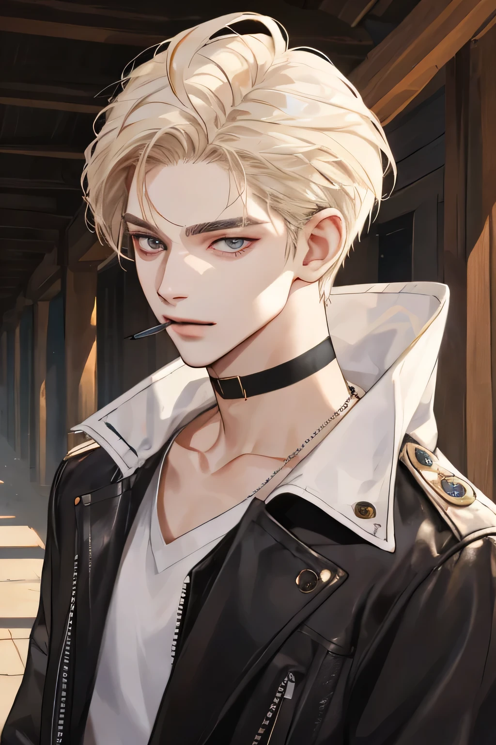 Masterpiece, Exquisite facial details,Exquisite eye details, Best quality, ,1 man, Headsets,cool guy,short platinum blonde hair,Dashing,choker necklace, Purple pick dye,comma hair,carolina eye,Forehead comma hair,White shirt,Black leather coat,Shiny,Under the stands,having fun,half body perfect,