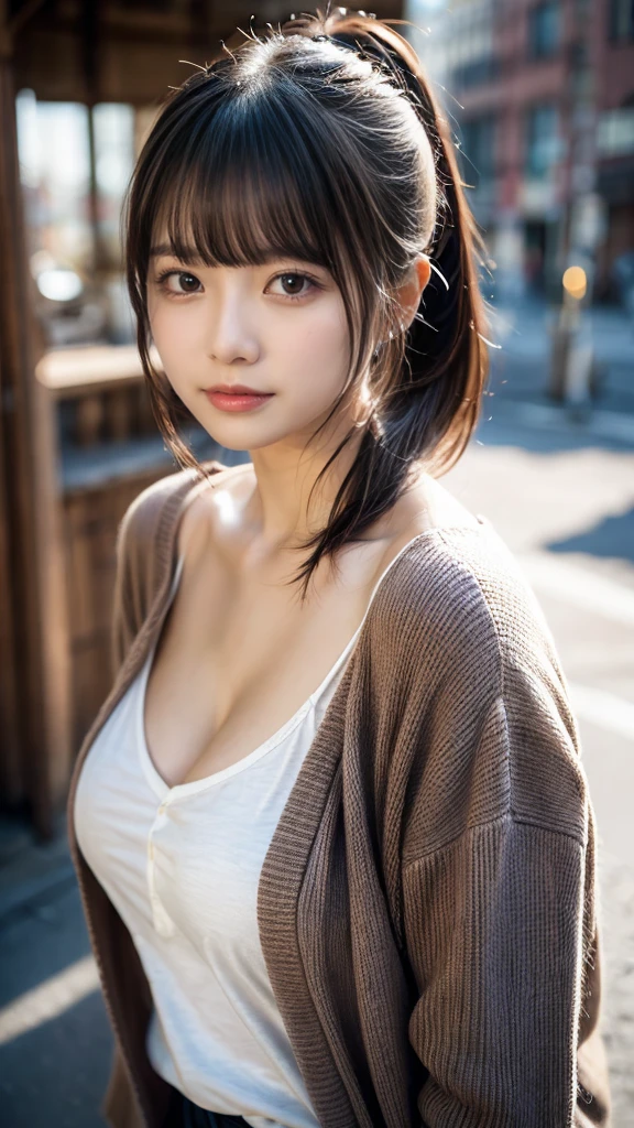 masterpiece, Best Quality, 8K, 20 yo, huge breasts, cuddly, Solo, sad, Cute, Girly, Delicate girl, Neat and clean beauty, Raw photo, Professional Photography, Portrait, Soft light, Professional Lighting, Back lighting, Upper body, from front, Sophisticated, Film grain, (Eyes and faces with detailed:1.0), short length floating hair, beautiful flowing hair, bangs, ponytail, cardigan