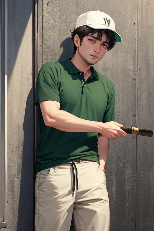 A 35 year old guy standing from the waist up., cabello negro muy corto y ojos negros, wearing a white polo shirt with small green letters on the chest, green cap with initials NY and light beige pants, and carrying a small dagger in his hand.