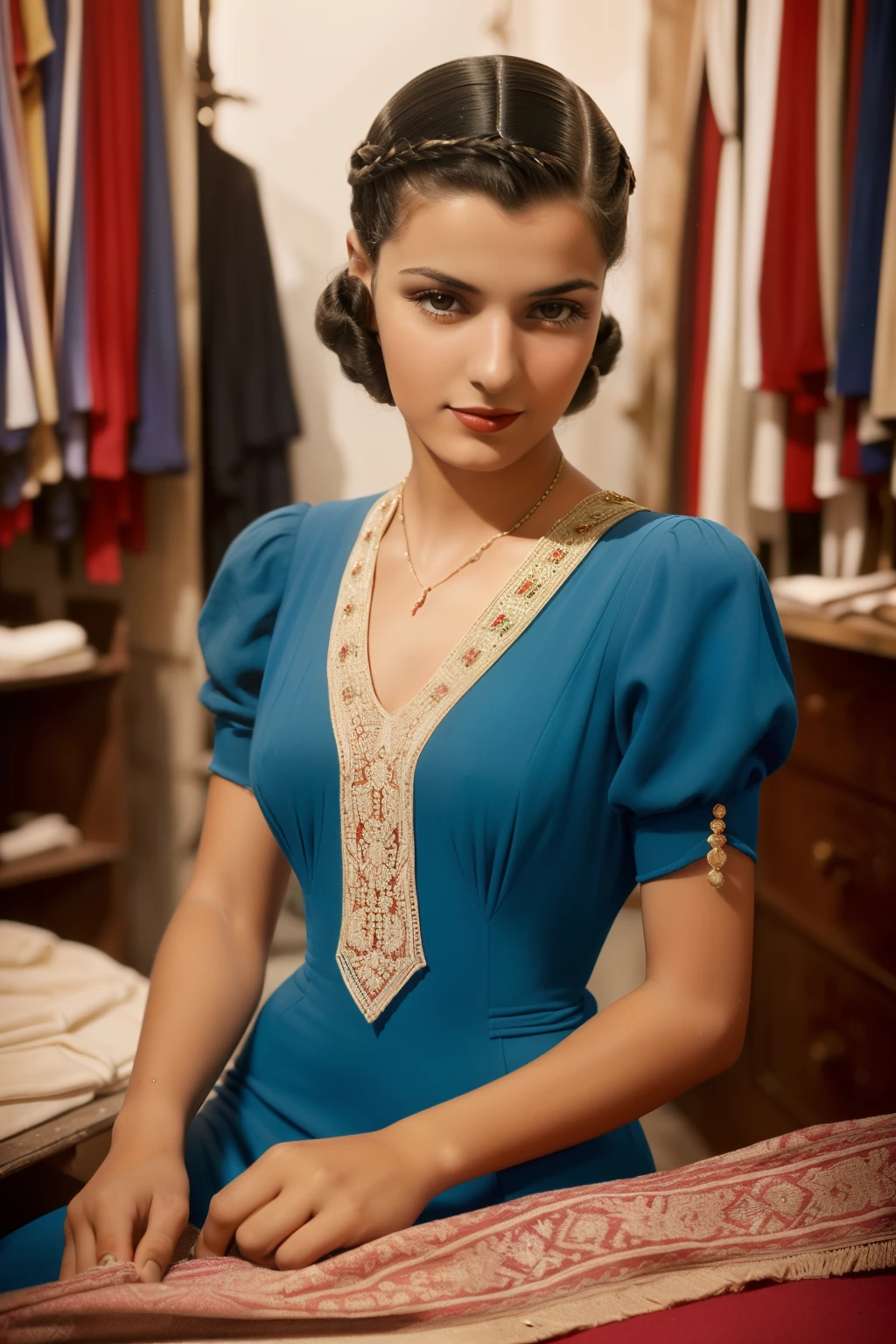 Tetouan, 1936. close-up portrait of A young ((((25-year-old)) Sira Quiroga)), beautiful, skinny, in a Dressmaker's workshop, mannequin, ((((fashionable clothings from the 1930s)))), ((hairstyle of the 1930s)), (colorful)