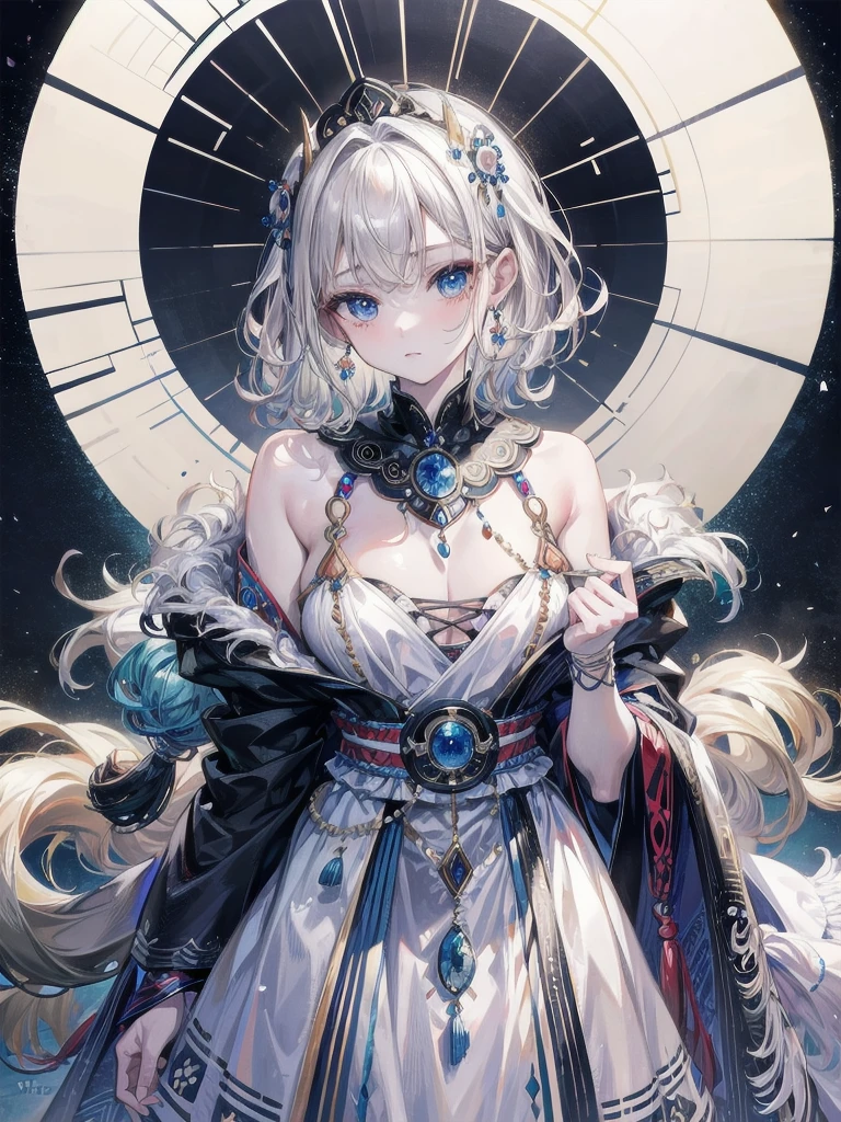 tribal poncho, absurdres, RAW photo, extremely delicate and beautiful, masterpiece, Best Quality, ultra high resolution, 32k, hyperrealistic, ultra-detailed, detailed description, pale skin, 20 years old, tearful mole, earring, round breasts, short medium hair, wavy hair, whole body shot,
