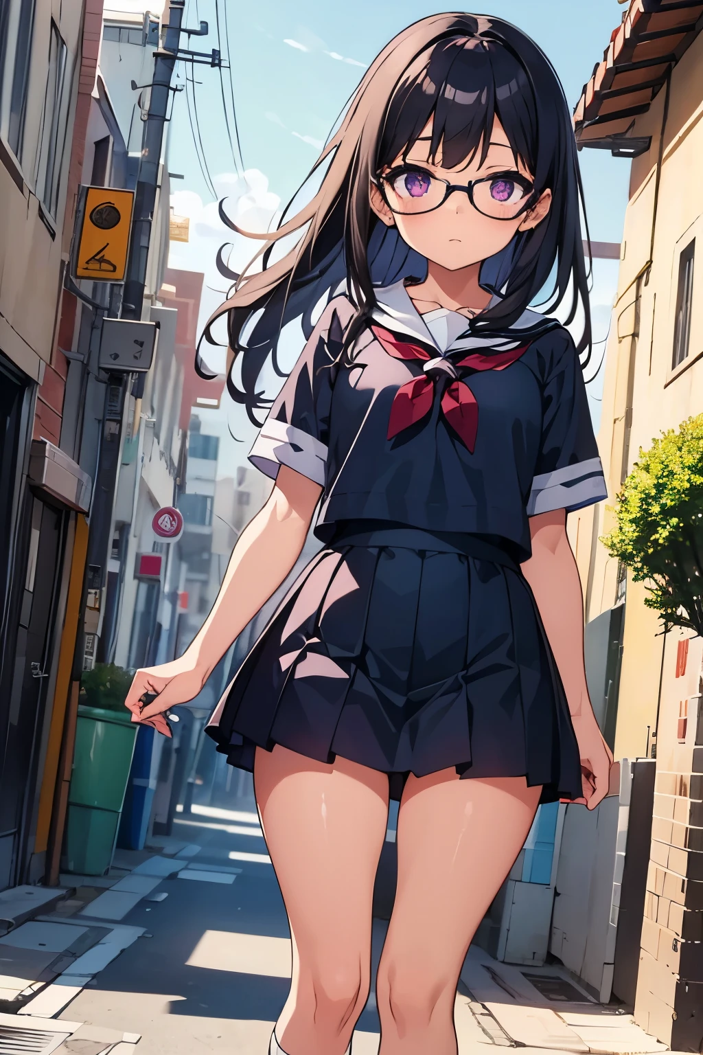 -year-old　Flat Chest　Blacir　LoHair　Purple eyes　1 person　Glasses　Short-sleeved sailor suit　Navy blue mini skirt　White panties　White socks　sneakers　Are standing　Dynamic Angle　Low Angle