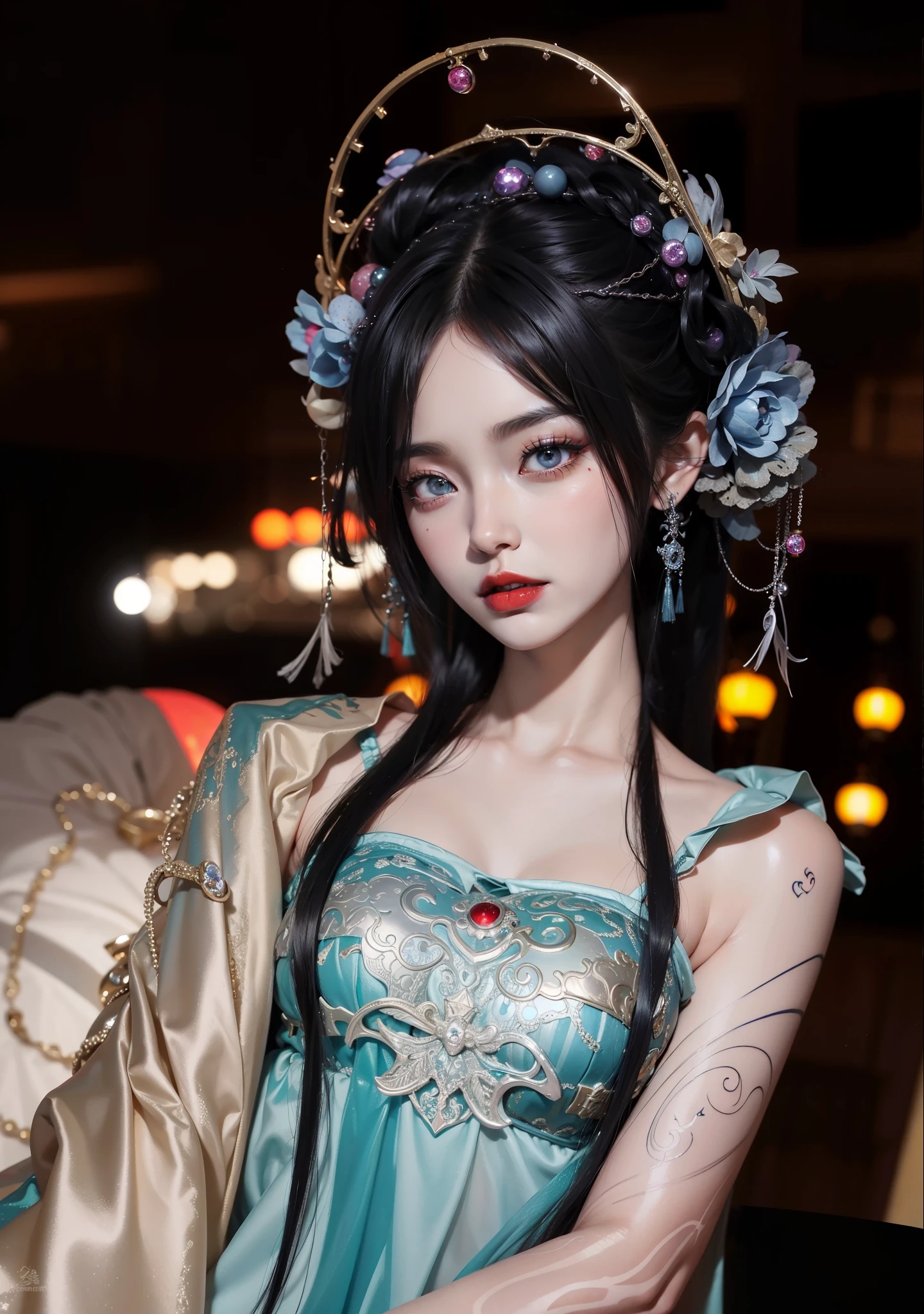 Detailed image quality，Witch Pandora，wing, Succubus Theme，堕落Angel，Excellent，scary，Secret Terror，Tentacles，With eyes，Uncanny Valley Effect，Beast Blood Moon，skeleton，vampire，Hellfire，Dark Queen，Angel，magician magic witch，16岁Angel，Eyes are blue(Pupils as deep as the starry sky)，Gorgeous tattoo designs all over the body，Surreal photos(8K picture quality，Rich in details)，Dark eyeshadow，Sexy thick lips(Red lipstick)，Tattoo designs on body，Dark Queen，Wear gorgeous Chinese Hanfu，Dunhuang Mogao Grottoes，Rock statues，