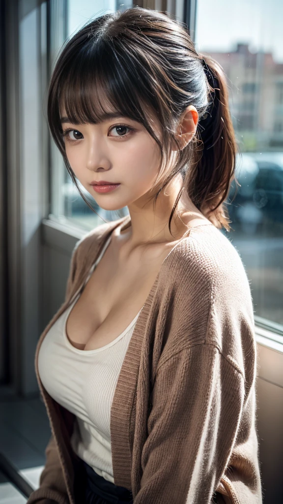 masterpiece, Best Quality, 8K, 20 yo, huge breasts, cuddly, Solo, sad, Cute, Girly, Delicate girl, Neat and clean beauty, Raw photo, Professional Photography, Portrait, Soft light, Professional Lighting, Back lighting, Upper body, from front, Sophisticated, Film grain, (Eyes and faces with detailed:1.0), short length floating hair, beautiful flowing hair, bangs, ponytail, cardigan