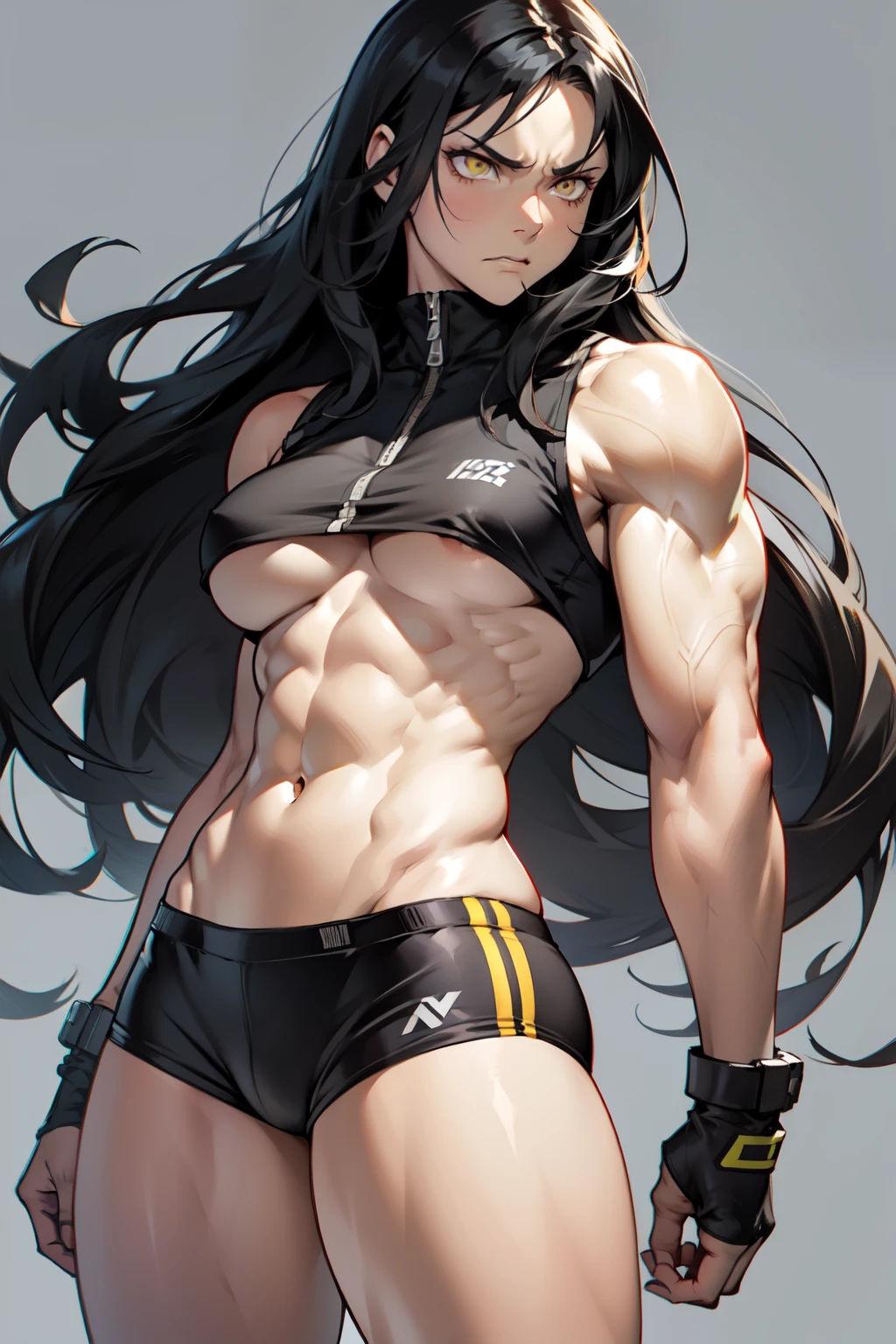 grey background (((muscular))), (thick thighs, toned body, 1 girl), black hair, pale skin, yellow eyes, angry, very long hair