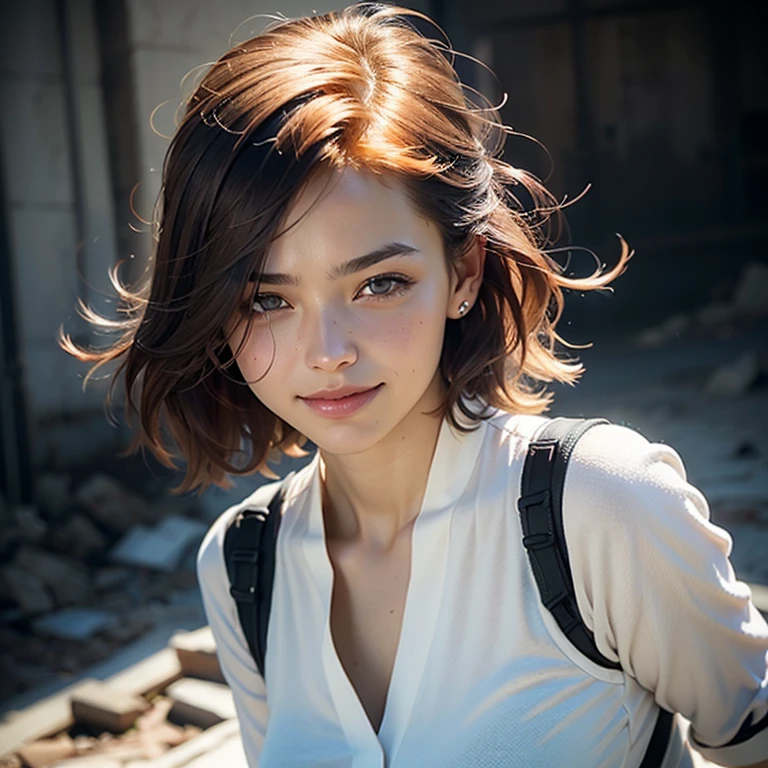 evil woman with red-orange hair, white dress, predatory smile, (best quality, magical, masterpiece), perfect lighting, sunshine, sun rays, whimsical, trending on ArtStation, trending on pixiv, cgsociety, beautiful composition, symmetrical, ((drab, sad, desolate)), scavenger, ((by yoji shinkawa)), Intricate, High Detail, Sharp focus, dramatic, photorealistic art