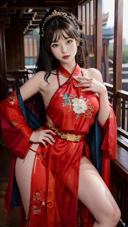 1 female，20 years old，center， She has long black hair，Red lips，Perfect thighs，(Keep your eyes on the camera:1.5)，stand up，night，wooden pavilion，Chinese Palace，From the front， curls，Hair flying， Gloomy sky，（（（masterpiece），（Highly detailed CG Unity 8k wallpaper），best quality，Movie Lighting，Detailed background，Beautiful right eye pupil，（Very delicate and beautiful），（Beautiful and detailed description of the eyes），Extremely detailed，masterpiece，）），high resolution，Extremely detailed），queen of china（apparel：，Gold wire embroidery，Red cheongsam，Lace，Red cape），
