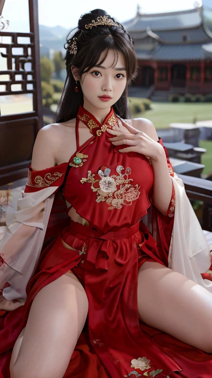 1 female，20 years old，center， She has long black hair，Red lips，Perfect thighs，(Keep your eyes on the camera:1.5)，stand up，night，wooden pavilion，Chinese Palace，From the front， curls，Hair flying， Gloomy sky，（（（masterpiece），（Highly detailed CG Unity 8k wallpaper），best quality，Movie Lighting，Detailed background，Beautiful right eye pupil，（Very delicate and beautiful），（Beautiful and detailed description of the eyes），Extremely detailed，masterpiece，）），high resolution，Extremely detailed），queen of china（apparel：，Gold wire embroidery，Red cheongsam，Lace，Red cape），
