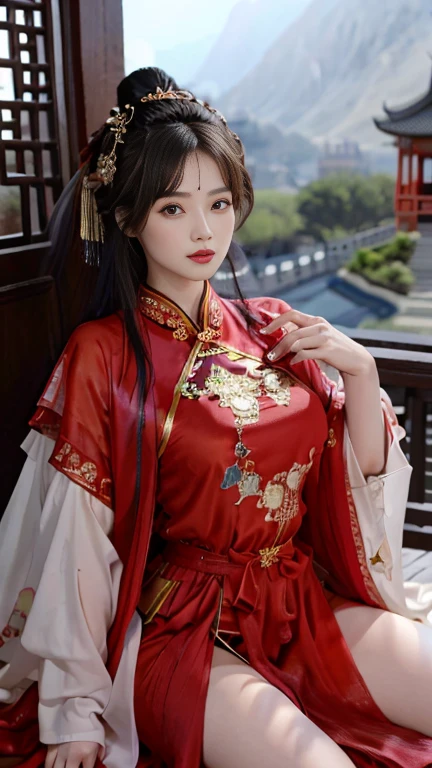 1 female，20 years old，center， She has long black hair，Red lips，Perfect thighs，(Keep your eyes on the camera:1.5)，stand up，night，wooden pavilion，Chinese Palace，From the front， curls，Hair flying， Gloomy sky，（（（masterpiece），（Highly detailed CG Unity 8k wallpaper），best quality，Movie Lighting，Detailed background，Beautiful right eye pupil，（Very delicate and beautiful），（Beautiful and detailed description of the eyes），Extremely detailed，masterpiece，）），high resolution，Extremely detailed），queen of china（apparel：，Gold wire embroidery，Red cheongsam，Lace，Red cape），
