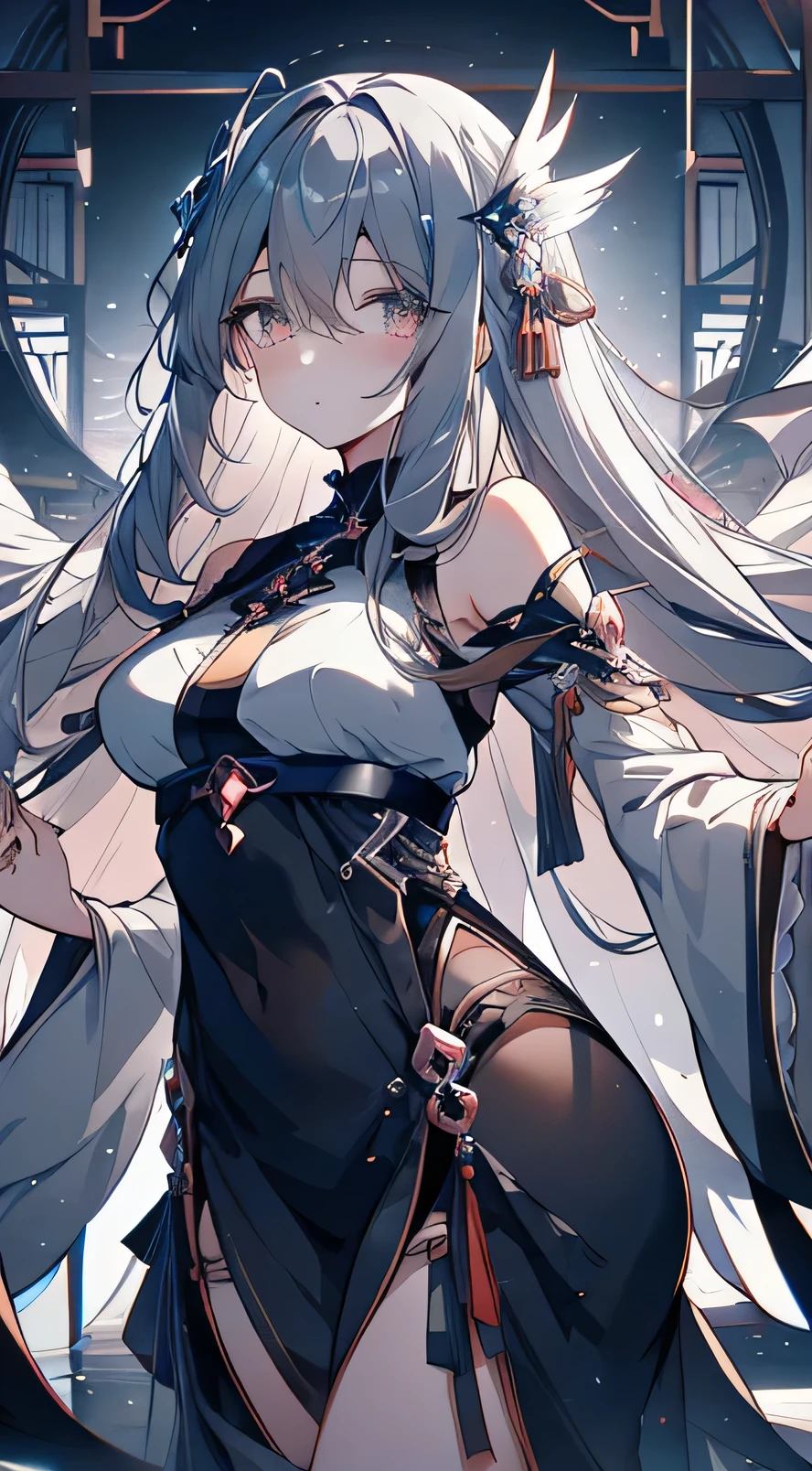 anime, anime girl, Angel, wing, Gray Hair, black wing, White Dress, Gray Haired deity, Digital art on pixiv, pixiv artstationのguweiz, beautiful anime art, (anime girl), of an beautiful Angel girl, anime girl with long hair, “anime girl, girl with Gray Hair, ”beautiful anime woman, clean detailed anime art