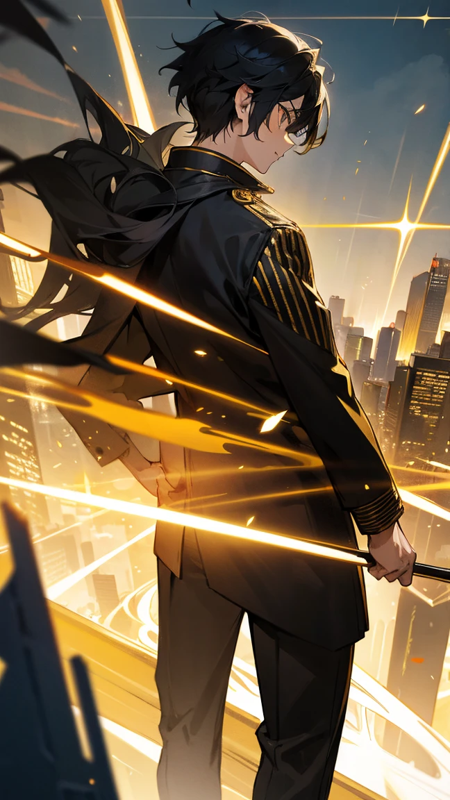 (highest quality), light novel cover, dream-state, anime, 9:16, action, Epic Composition, boy, black haired, golden eyes, golden aura, black jacket, striped jacket, ultra detail, city skyline, golden line, back