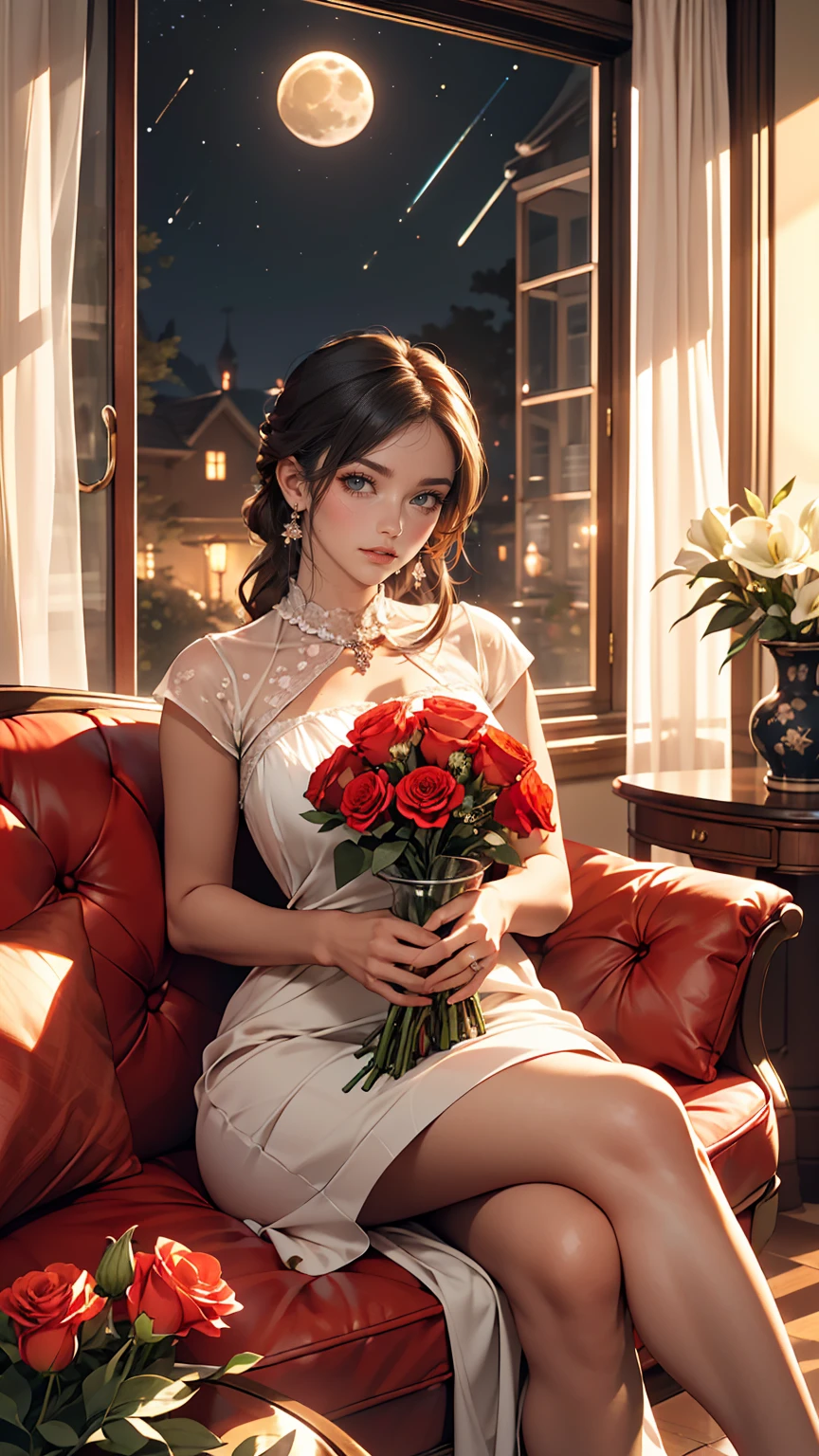 A beautiful bouquet of roses and lilies in a ceramic vase, Red and white colors, Cozy rooms, wreath, Open window, Moon and Stars, evening, Pleasant atmosphere、A mature woman sits on a one-seater sofa、Crossing your legs、Place your hands on the elbow rest