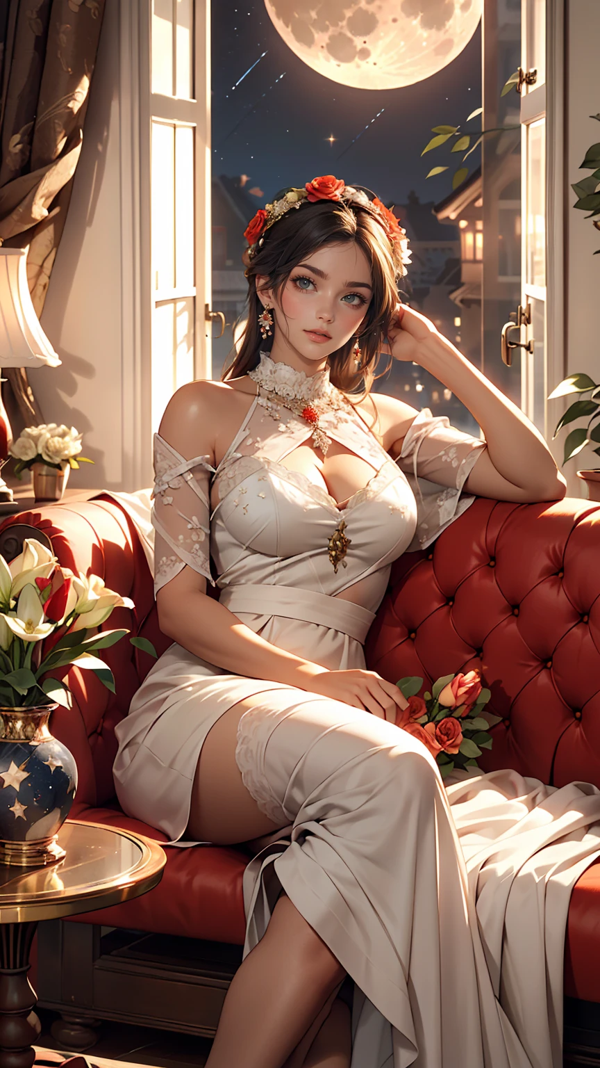 A beautiful bouquet of roses and lilies in a ceramic vase, Red and white colors, Cozy rooms, wreath, Open window, Moon and Stars, evening, Pleasant atmosphere、A mature woman sits on a one-seater sofa、Crossing your legs、Place your hands on the elbow rest