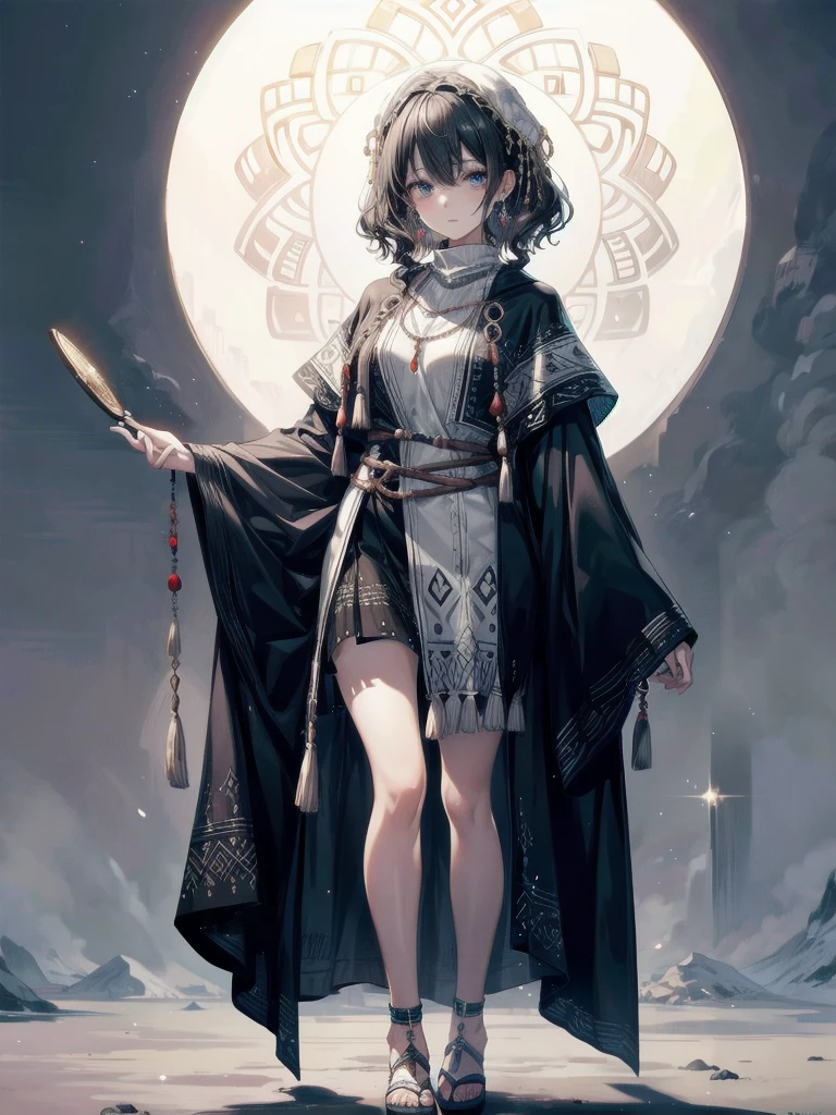 tribal poncho, absurdres, RAW photo, extremely delicate and beautiful, masterpiece, Best Quality, ultra high resolution, 32k, hyperrealistic, ultra-detailed, detailed description, pale skin, 20 years old, tearful mole, earring, round breasts, short medium hair, wavy hair, full body shot,