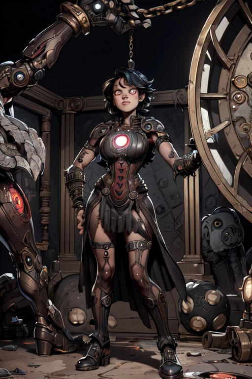 A close up of a robot standing in a room with a clock (Vicious, barbarians:1.5), (Extremely detailed CG Unity 16k wallpaper:1.1), (Noise Removal Strength: 1.45), (tmasterpiece:1.37), (Pose all over the body:1.4:), whole-length; head to toe; up front view; Savage, Iron-faced man; closed dress; Glowing eyes; steampunc; Clockwork; Demonic vibe; steampunc; whole-length; head to toe; up front view;