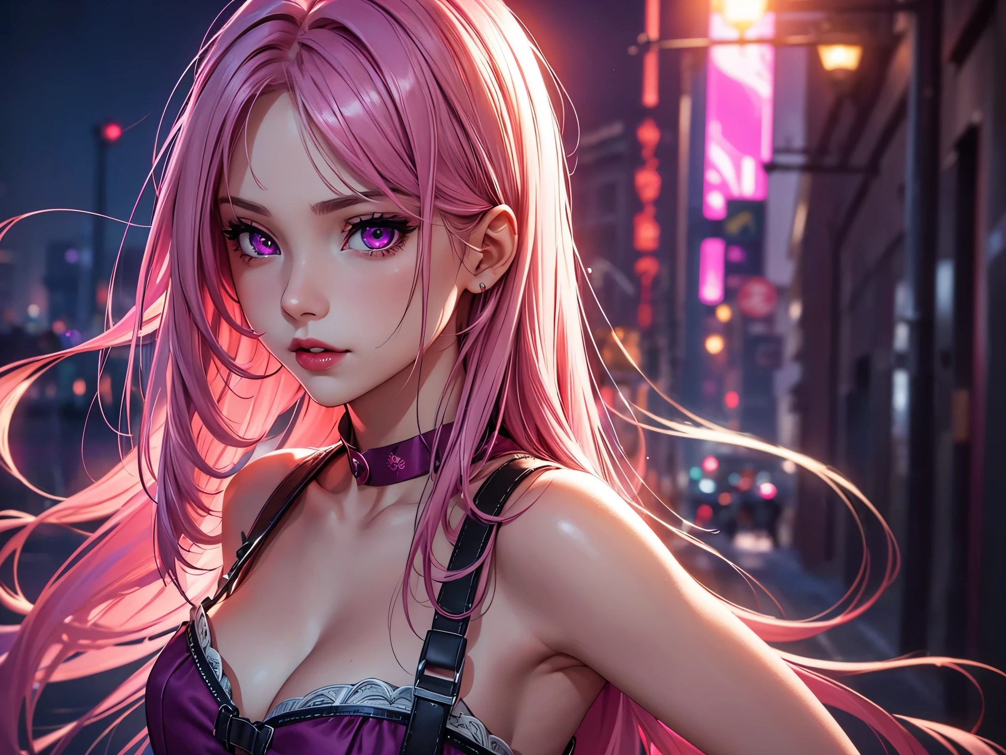 (Best quality at best,8K,A high resolution,tmasterpiece:1.2),Digital artwork, one girl,detailed face,detailed eyes,pink hair,long straight hair,glowing purple eyes,red lip,Suspenders