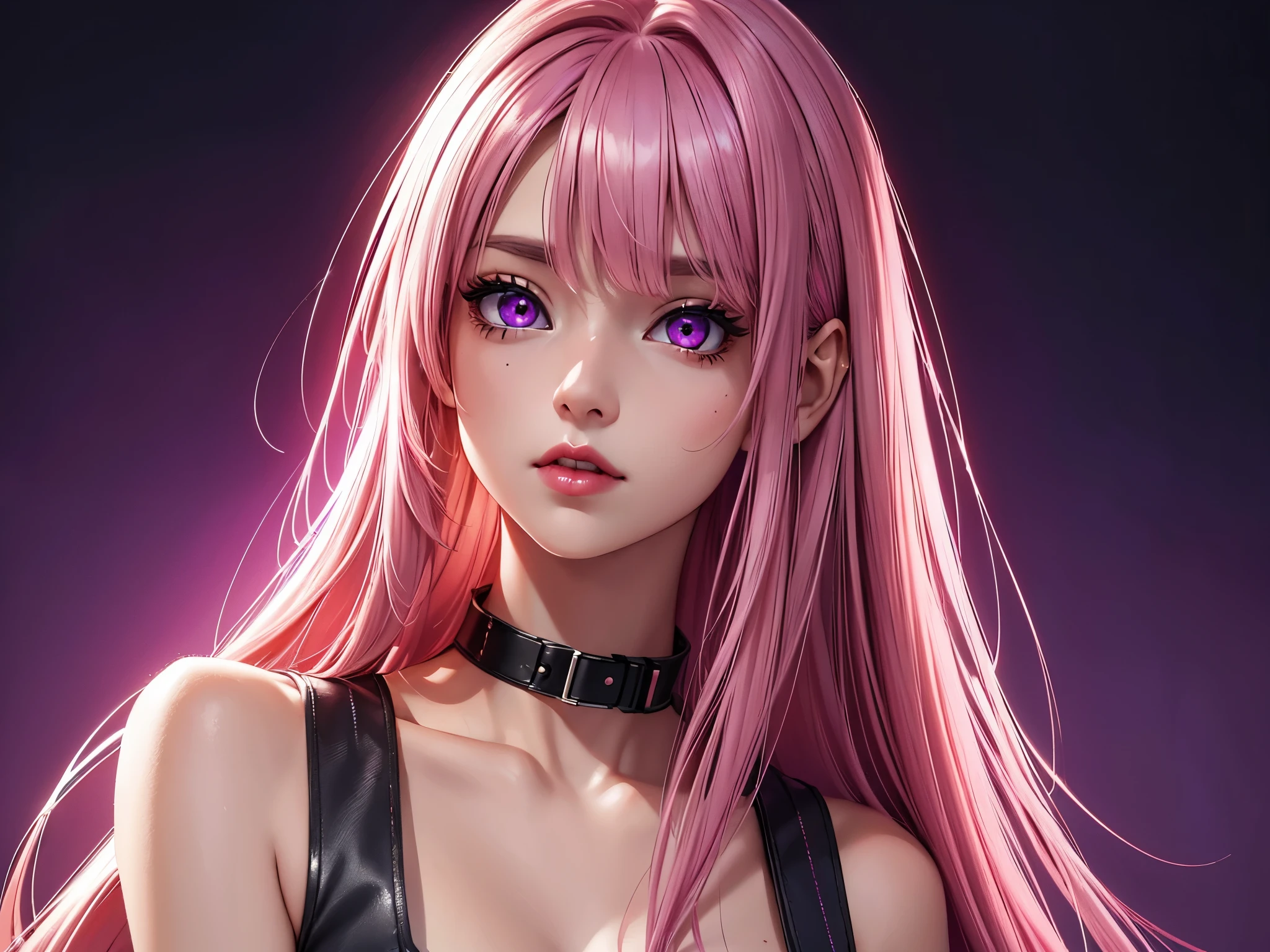 (Best quality at best,8K,A high resolution,tmasterpiece:1.2),Digital artwork, one girl,detailed face,detailed eyes,pink hair,long straight hair,glowing purple eyes,red lip,Suspenders