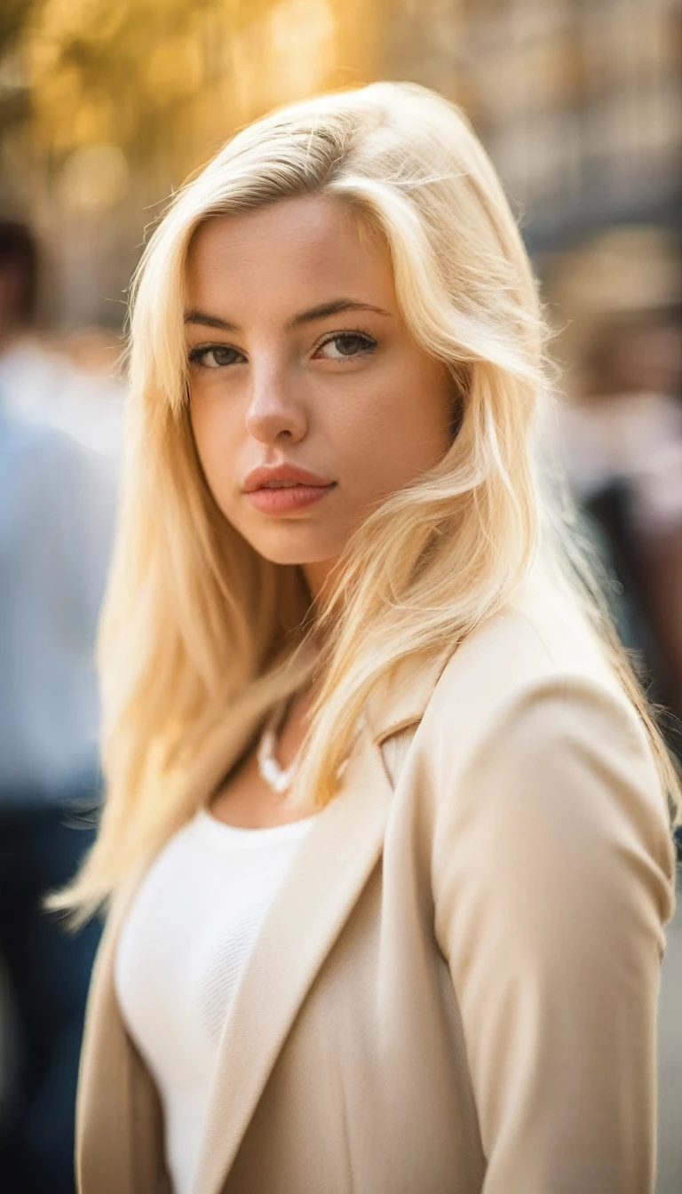 Hasselblad close up photography of a blonde woman in crowded place, (age 22), (sunny weather), (elegant blonde hair), emma_kotos_lora_v1 (warm light), sharp. crisp, 4k, (((sharp focus))), bokeh,(((Sigma 85mm f/1.4))), (Macrophotography), (Tilt-shift), (((Emma Kotos)))