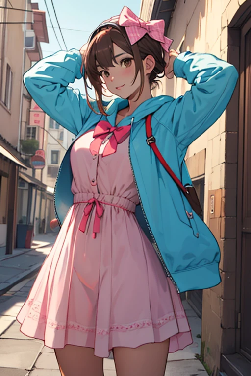 Mujer, Brown hair, Brown eyes, vestido corto blanco, paraguas de rosa, Pink bow on the head 