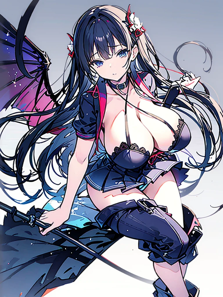 high resolution, 超high resolution, Anatomically correct body shape, Correct human anatomy, Draw from the bottom, Long black hair, A cosplaying woman in her 20s wearing a black , Very big , Huge breasts, Super big breasts, Super big breasts, Super big breasts, 正面からpantsが見える, 真っ白なpanties, Panty shot, panties, pants丸見え, The skirt flips up, Skirt flip, pants, Succubus, lure, Devil's Wings, Devil horns, Grab the hem of your skirt and lift it up