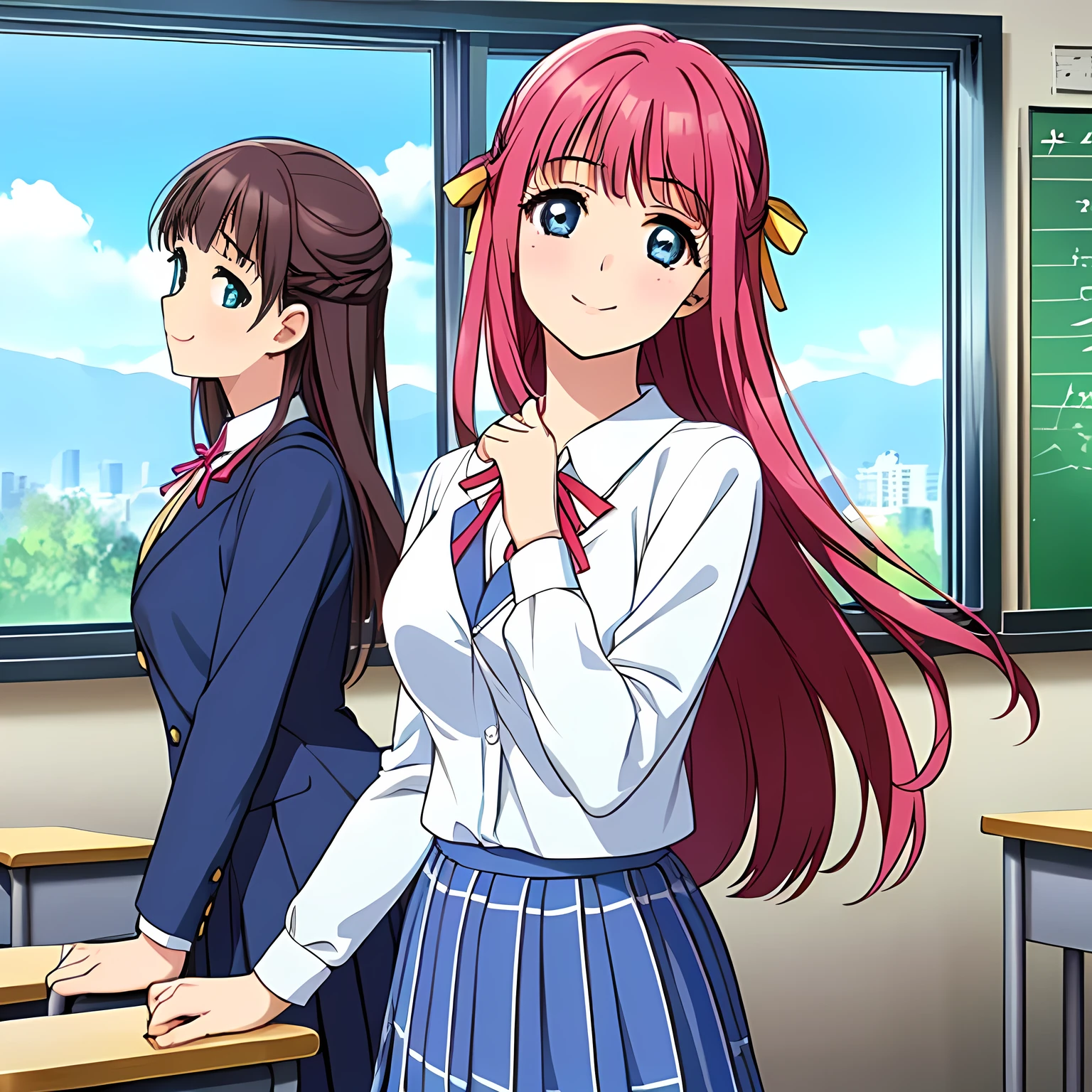 highest quality, (masterpiece:1.2), Very detailed, ((((３Beautiful girl of the person)))), ((Very beautiful girl in school uniform３A fashion model is looking at the camera and asking the viewer)), ((16 years old)), (((Very shiny, beautiful long hair))), She has a big cute ribbon in her hair, ((Navy blue blazer)), ((Navy blue pleated long skirt)), ((((Very beautiful and shining eyes)))), ((Very long eyelashes)), A large crimson ribbon on the chest, ((An elegant expression like a noble princess)), (((A beautiful and enchanting smile))), Very good posture, ((Half Up)), Wind, ((Heavenly happiness)), (((The background is a school classroom)))