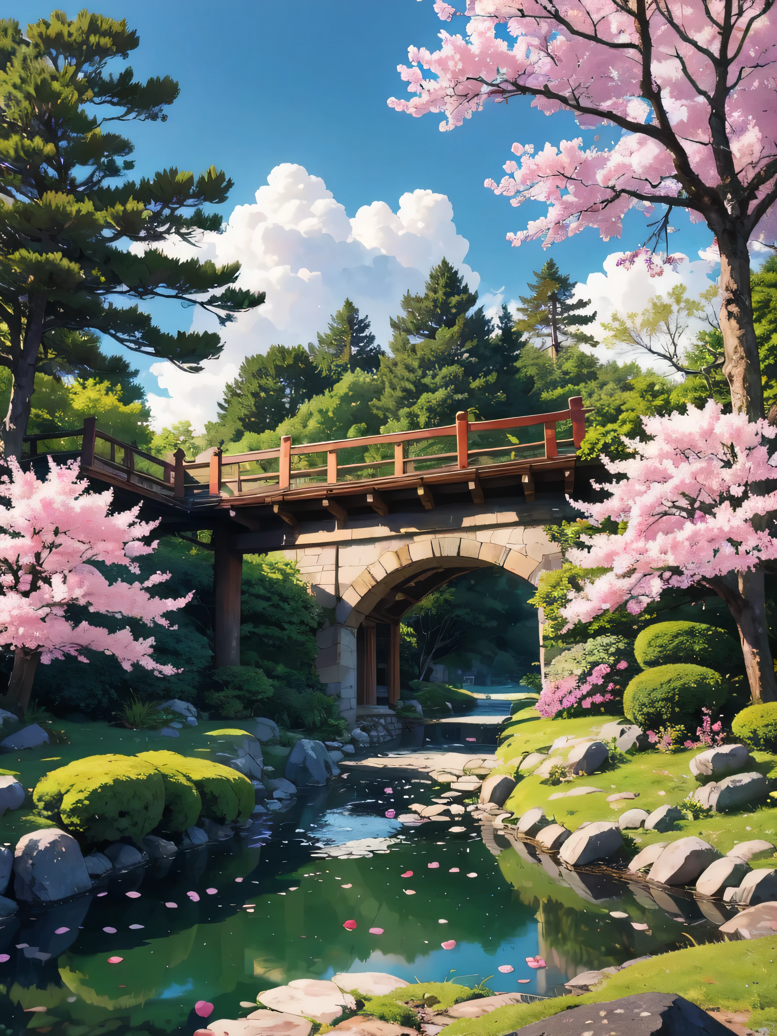 In a serene Japanese garden nestled within the heart of Kyoto, a tranquil stream winds its way through meticulously manicured bonsai trees and vibrant cherry blossom trees and vibrant flowers. A graceful arched bridge spans the stream, its reflection shimmering in the clear water below. Fluffy clouds drift lazily across the azure sky, while the gentle rays of the sun filter through the branches, casting dappled shadows on the moss-covered ground. Delicate petals from the cherry blossoms dance on the breeze, creating a scene of timeless beauty and tranquility.