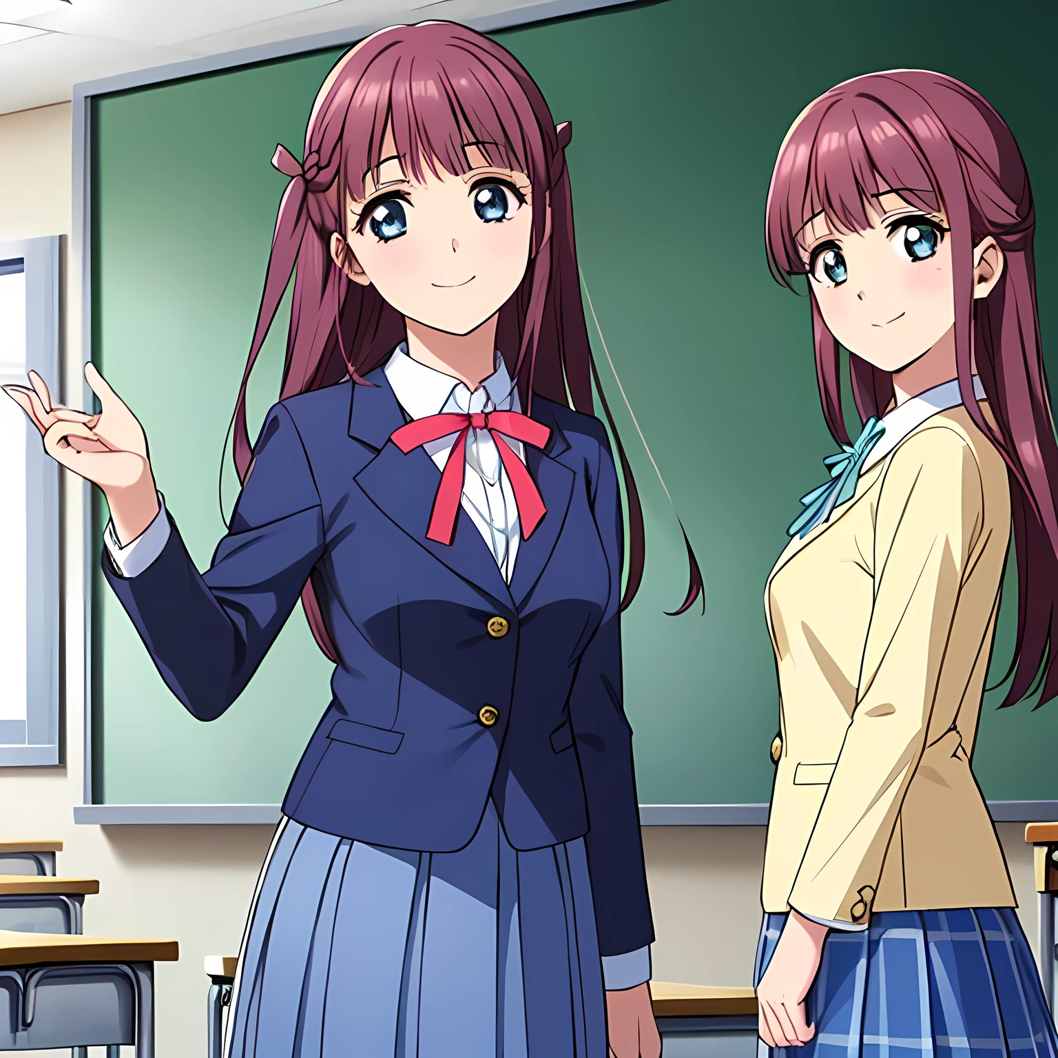highest quality, (masterpiece:1.2), Very detailed, ((((3Beautiful girl of the person)))), ((Very beautiful girl in school uniform3A fashion model is looking at the camera and asking the viewer)), ((16 years old)), (((Very shiny, beautiful long hair))), She has a big cute ribbon in her hair, ((Navy blue blazer)), ((Navy blue pleated long skirt)), ((((Very beautiful and shining eyes)))), ((Very long eyelashes)), A large crimson ribbon on the chest, ((An elegant expression like a noble princess)), (((A beautiful and enchanting smile))), Very good posture, ((Half Up)), Wind, ((Heavenly happiness)), (((The background is a school classroom)))