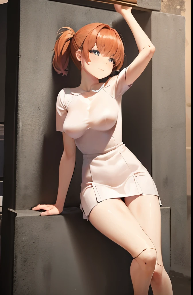 A Female robot is sleeping in the book, , nude, banzase. she wears no dress. She Brown short hair is tied with two big red clothespins, She lifts up the under hem of her white plain dress, leaning over, masterpiece, very short pigtails,brown hair, mature, android eyes, full body figure, Height: 160cm, flushed cheeks, 2020s anime picture, A beautiful robot with short brown hair in two short pigtails held up by two very large huge red clothespins, Uplifting, No NSFW, whole body, barefoot, archaic smile, getting orgasm, 25 years old, bucket. short sleeve shirt, pleated skirt, beautiful scenery, evening, skirt lift, no panties, genitals visible, dy shot, e.