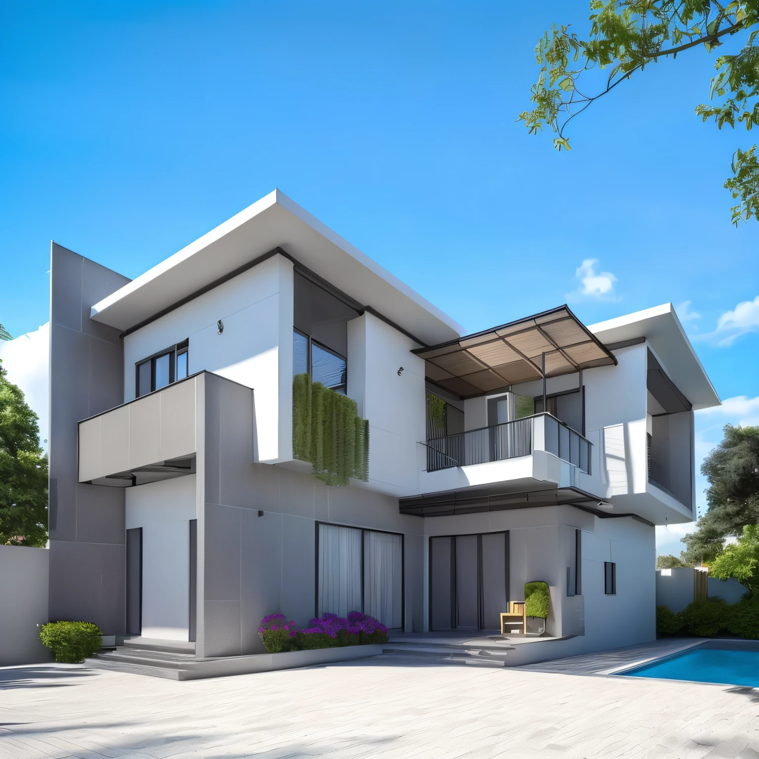 rendering of a modern house with a pool and patio, architectural 3 d render, precise architectural rendering, highly rendered!!, architectural visualization, architectural render, architectural rendering, exterior design, high quality rendering, overall architectural design, architectural visualisation, lumion render, d render, realistic render, 2 d cg, very realistic 3 d render, elegant render, professional render,dvArchModern, 85mm, f1.8, portrait, photo realistic, hyperrealistic, orante, super detailed, intricate, dramatic,sunlight lighting, shadows, high dynamic range, (Villa in the forest), Wooden house, masterpiece,best quality,(8k, RAW photo:1.2),(( ultra realistic)),