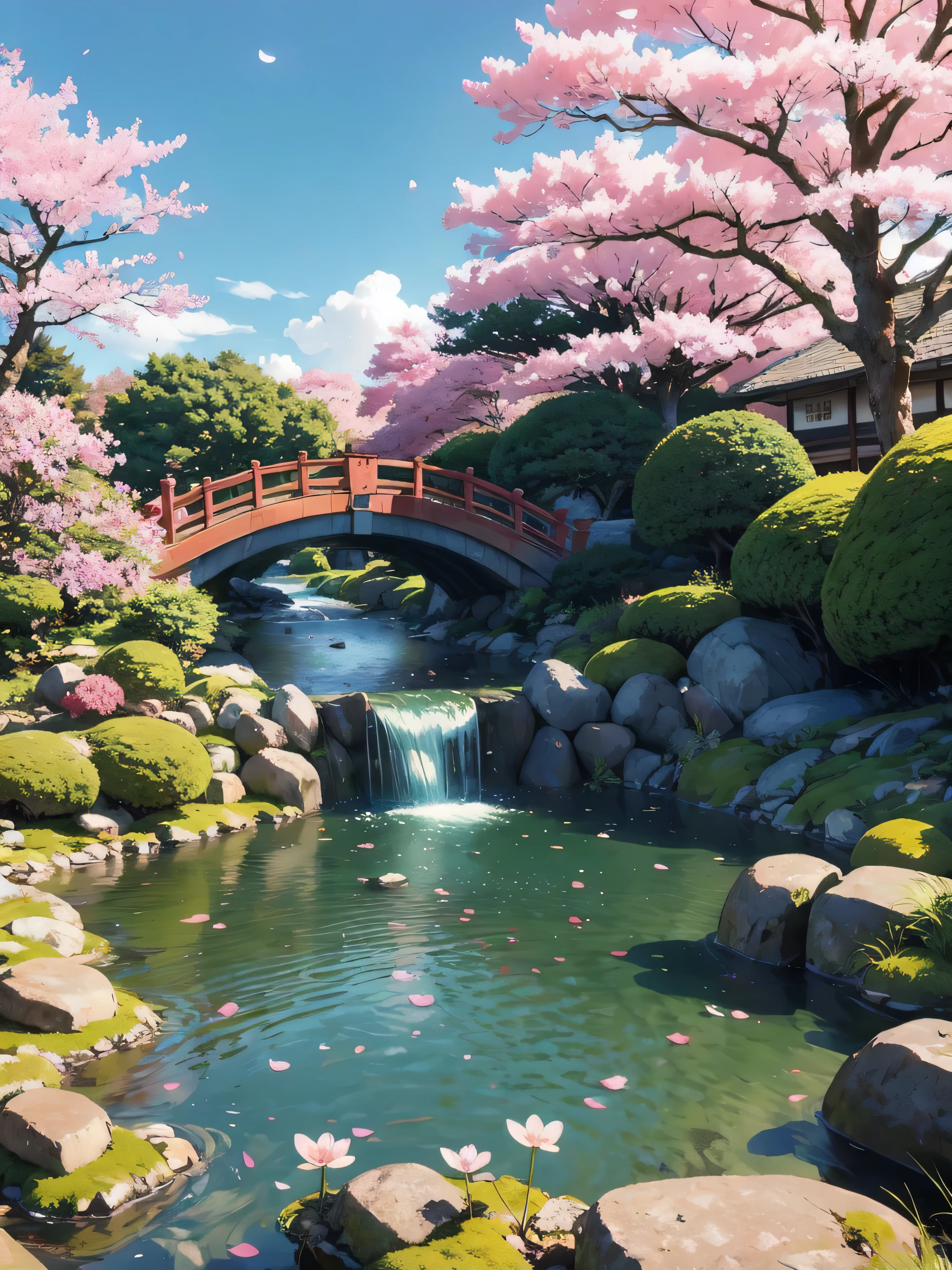 In a serene Japanese garden nestled within the heart of Kyoto, a tranquil stream winds its way through meticulously manicured bonsai trees and vibrant cherry blossom trees. A graceful arched bridge spans the stream, its reflection shimmering in the clear water below. Fluffy clouds drift lazily across the azure sky, while the gentle rays of the sun filter through the branches, casting dappled shadows on the moss-covered ground. Delicate petals from the cherry blossoms dance on the breeze, creating a scene of timeless beauty and tranquility.