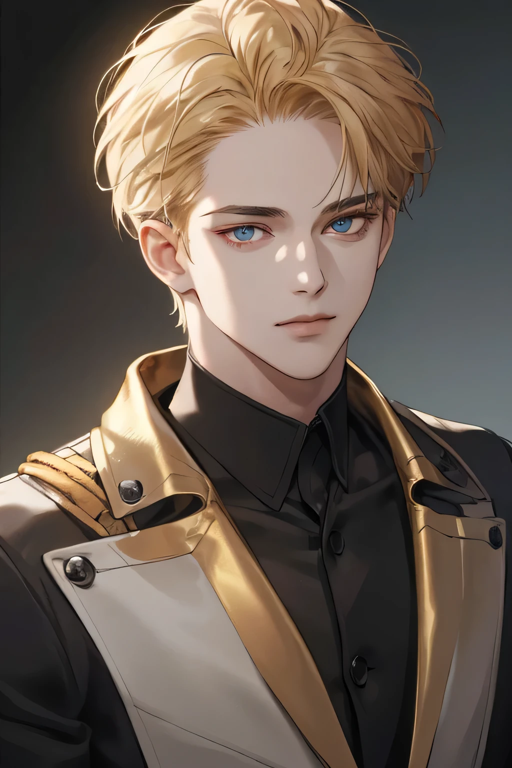 (tmasterpiece, high resolution, ultra - detailed:1.0), 1boy, Perfect male body, Eyes look at the camera, (short golden hair, forehead , Black shirt, black 3-piece-suit,closed mouth, color difference, Depth of field, dramatic shadow, Ray tracing, Best quality, Portrait,Extremely detailed CG, 8k wallpaper, carolina eyes, half body perfect