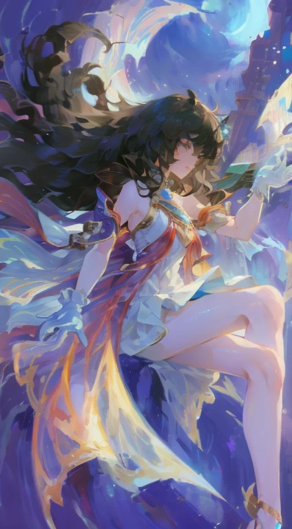 ((best quality)), ((masterpiece)), ((1 Girl)), Solitary, ferry, ((Long hair)), ferryBase, ((High Leg Raise)), Bare shoulders, ((jewelry)), ((sleeveless)), White Dress, Blue skirt, ((Gloves)), Thigh high, From the back.