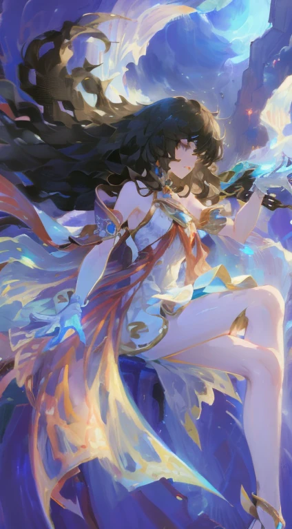 ((best quality)), ((masterpiece)), ((1 Girl)), Solitary, ferry, ((Long hair)), ferryBase, ((High Leg Raise)), Bare shoulders, ((jewelry)), ((sleeveless)), White Dress, Blue skirt, ((Gloves)), Thigh high, From the back.