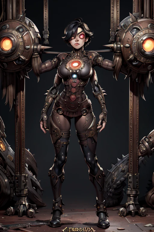 A close up of a robot standing in a room with a clock (Vicious, barbarians:1.5), (Extremely detailed CG Unity 16k wallpaper:1.1), (Noise Removal Strength: 1.45), (tmasterpiece:1.37), (Pose all over the body:1.4:), whole-length; head to toe; up front view; Savage, Iron-faced man; closed dress; Glowing eyes; steampunc; Clockwork; Demonic vibe; steampunc; whole-length; head to toe; up front view;